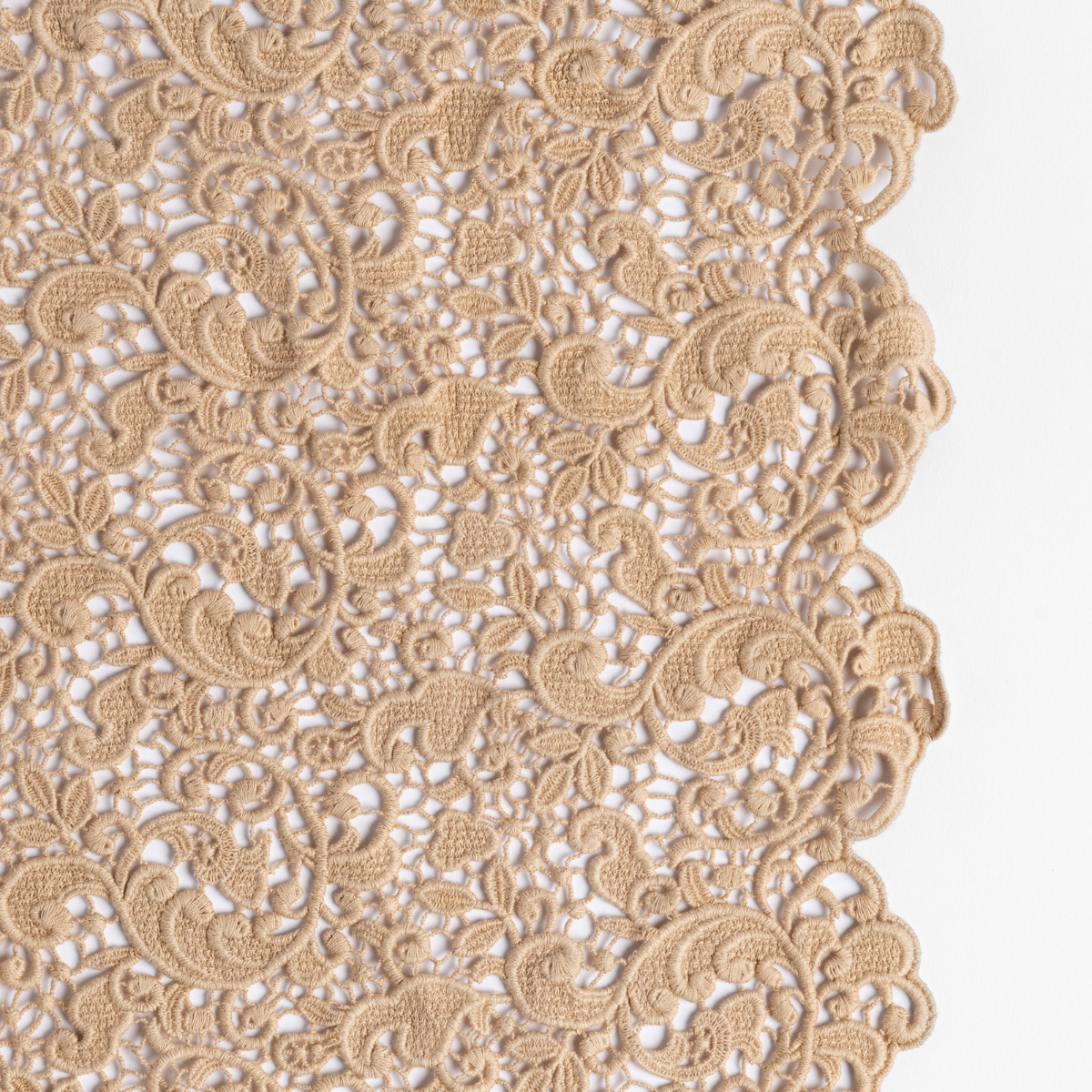 Honeycomb: a close-up of cotton all-over lace with a scalloped edge.