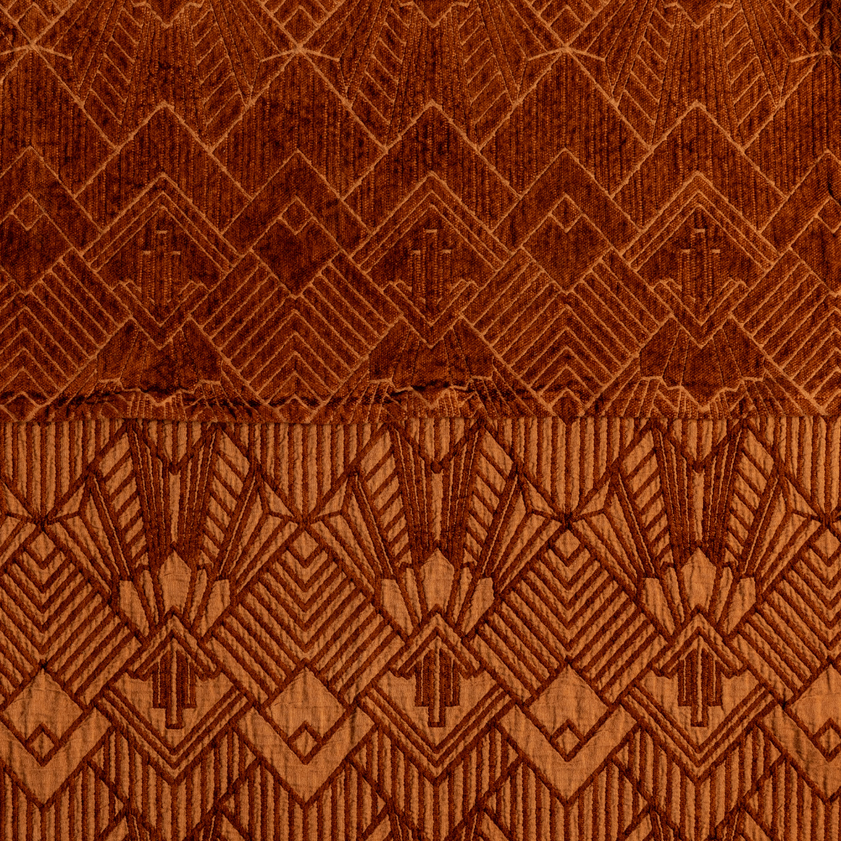 Autumn: a close-up showing the chenille jacquard on the top half and cotton jacquard on the bottom in autumn, a rusty terrracotta tone.