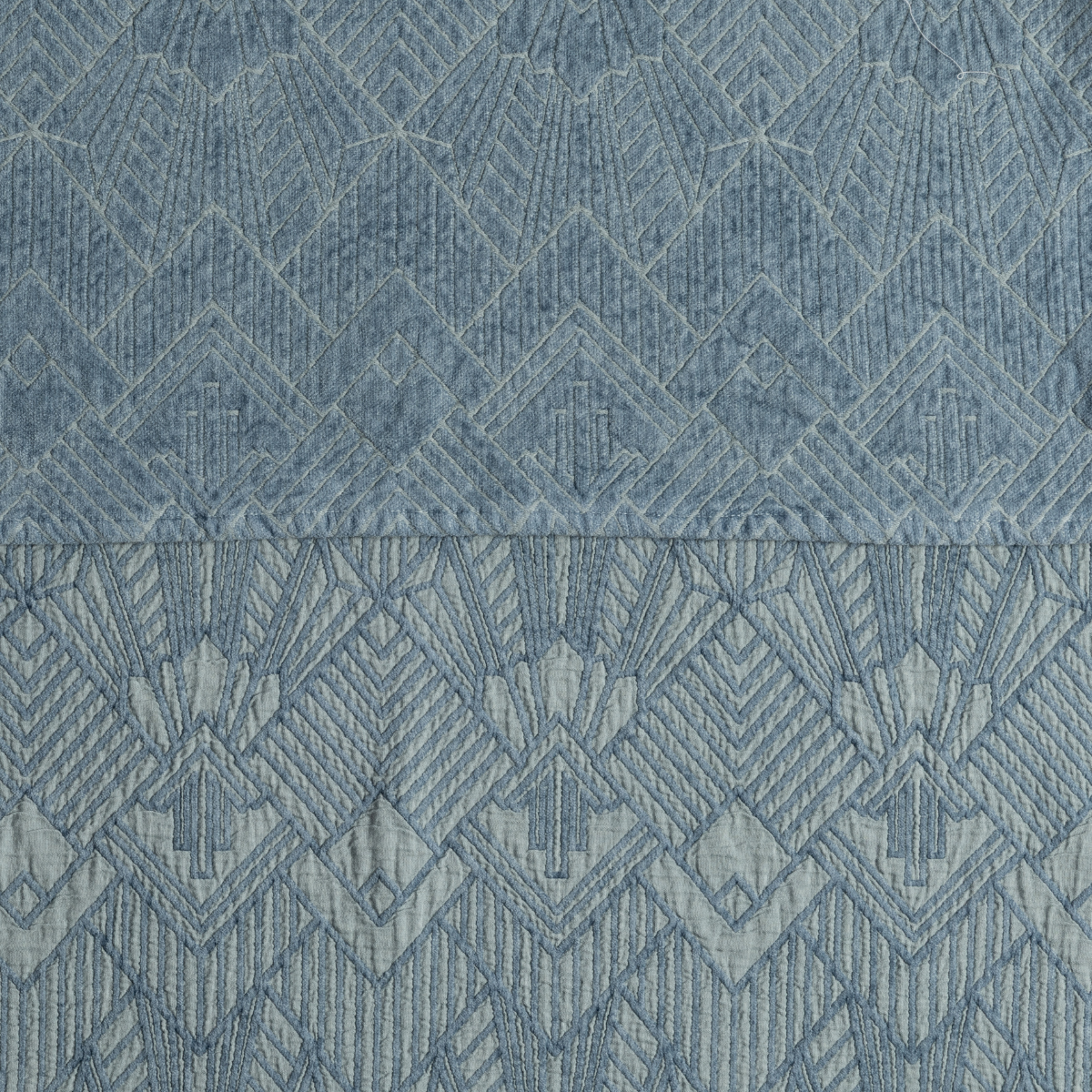 Tahoe Blue: a close-up showing the chenille jacquard on the top half and cotton jacquard on the bottom in tahoe blue - a true blue hue.