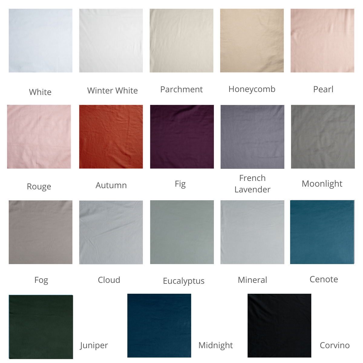 : A close up of cotton sateen fabric, shown in our Fall 2024 colorways, shown in a grid view to demonstrate our palette.