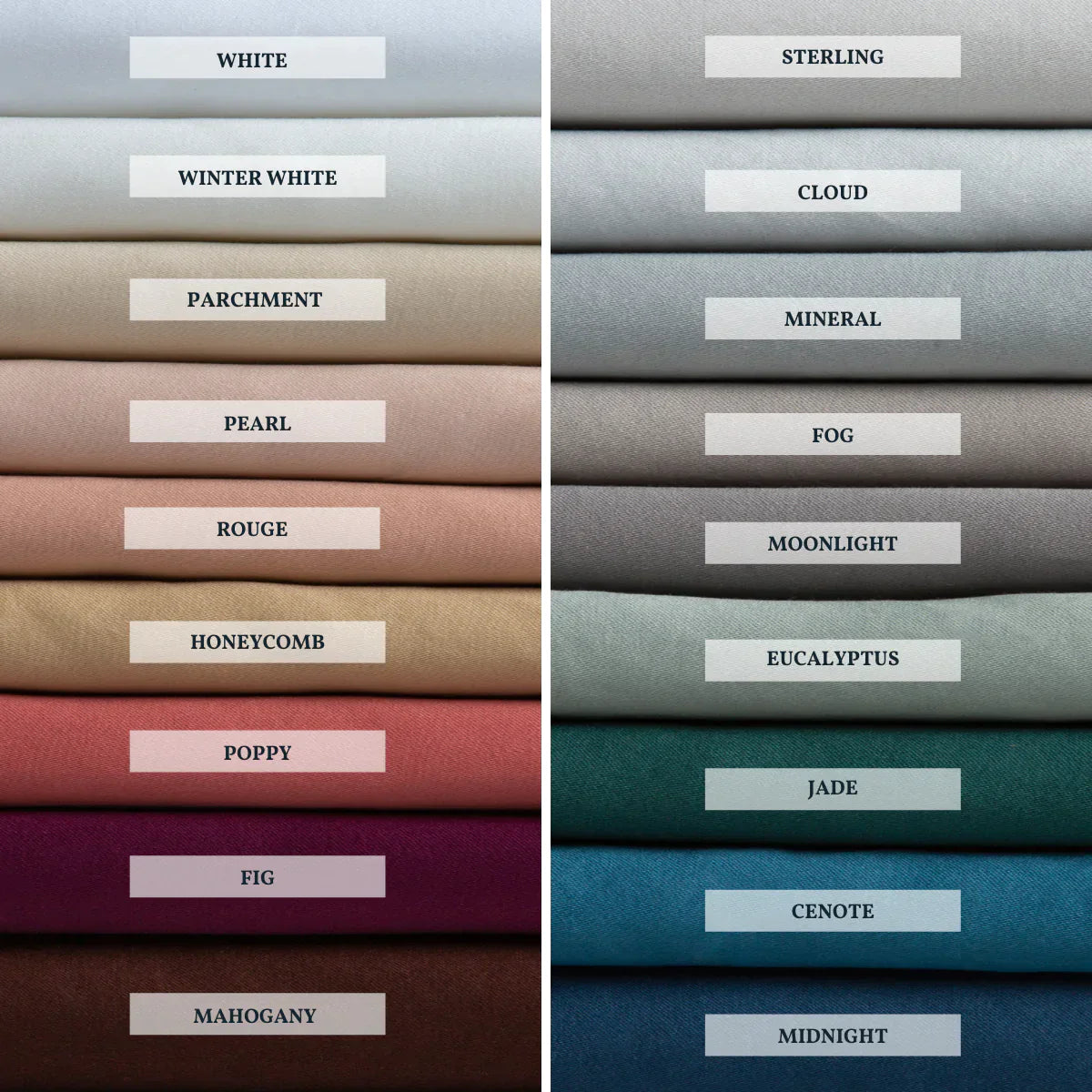 : A close up of cotton sateen fabric, shown in each of our 18 colorways, stacked to demonstrate our palette.
