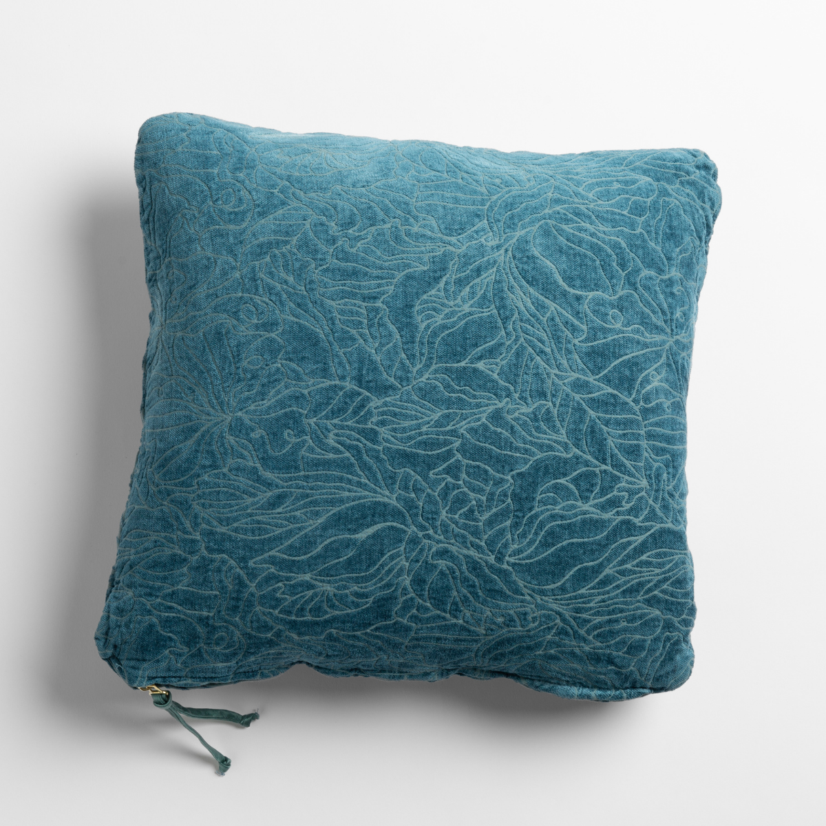 Cenote: chenille jacquard side of a georgia square cushion shown from overhead against a white background.