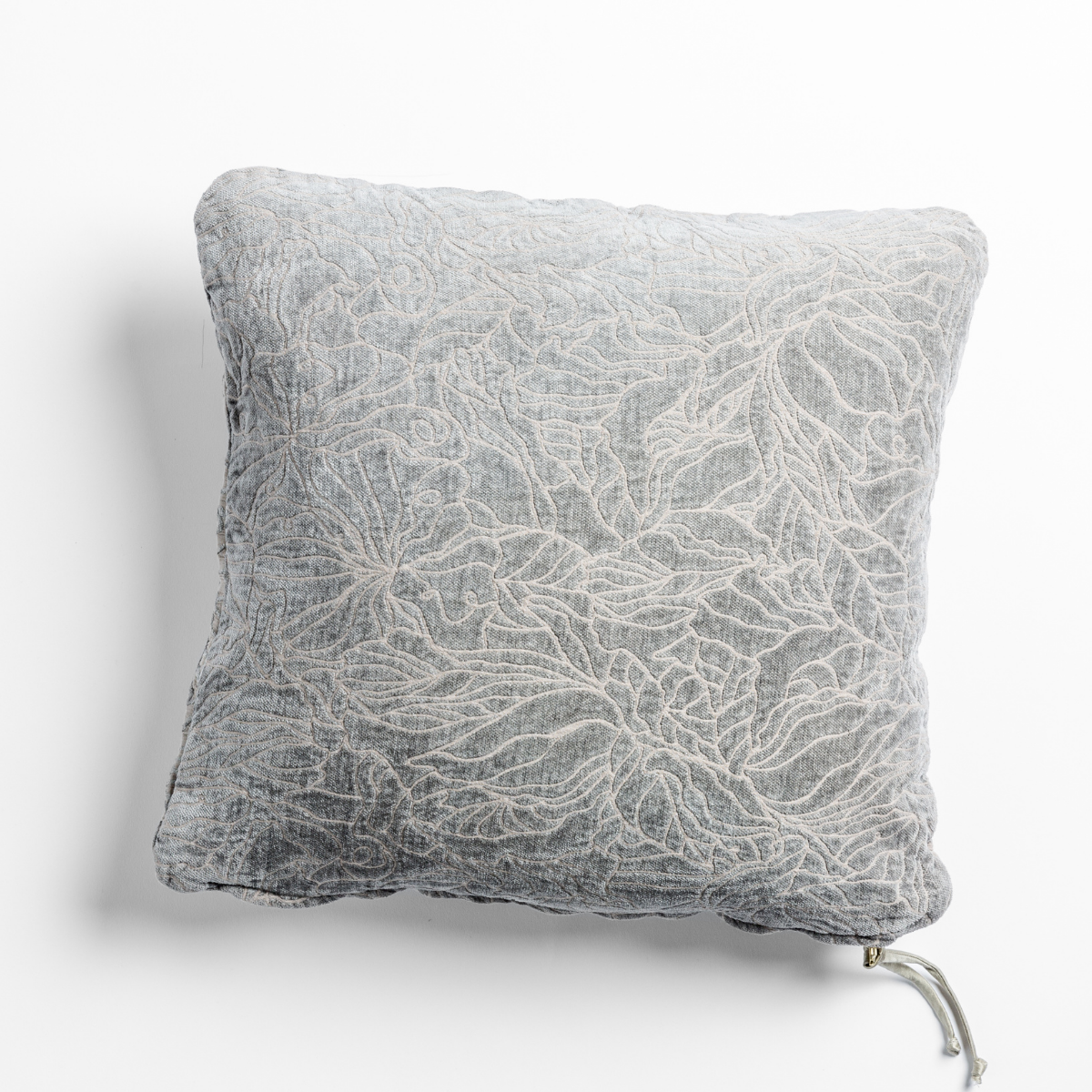 Fog: chenille jacquard side of a georgia square cushion shown from overhead against a white background.