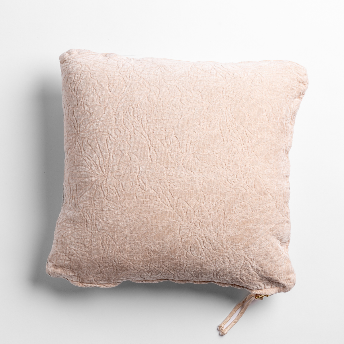 Pearl: chenille jacquard side of a georgia square cushion shown from overhead against a white background.