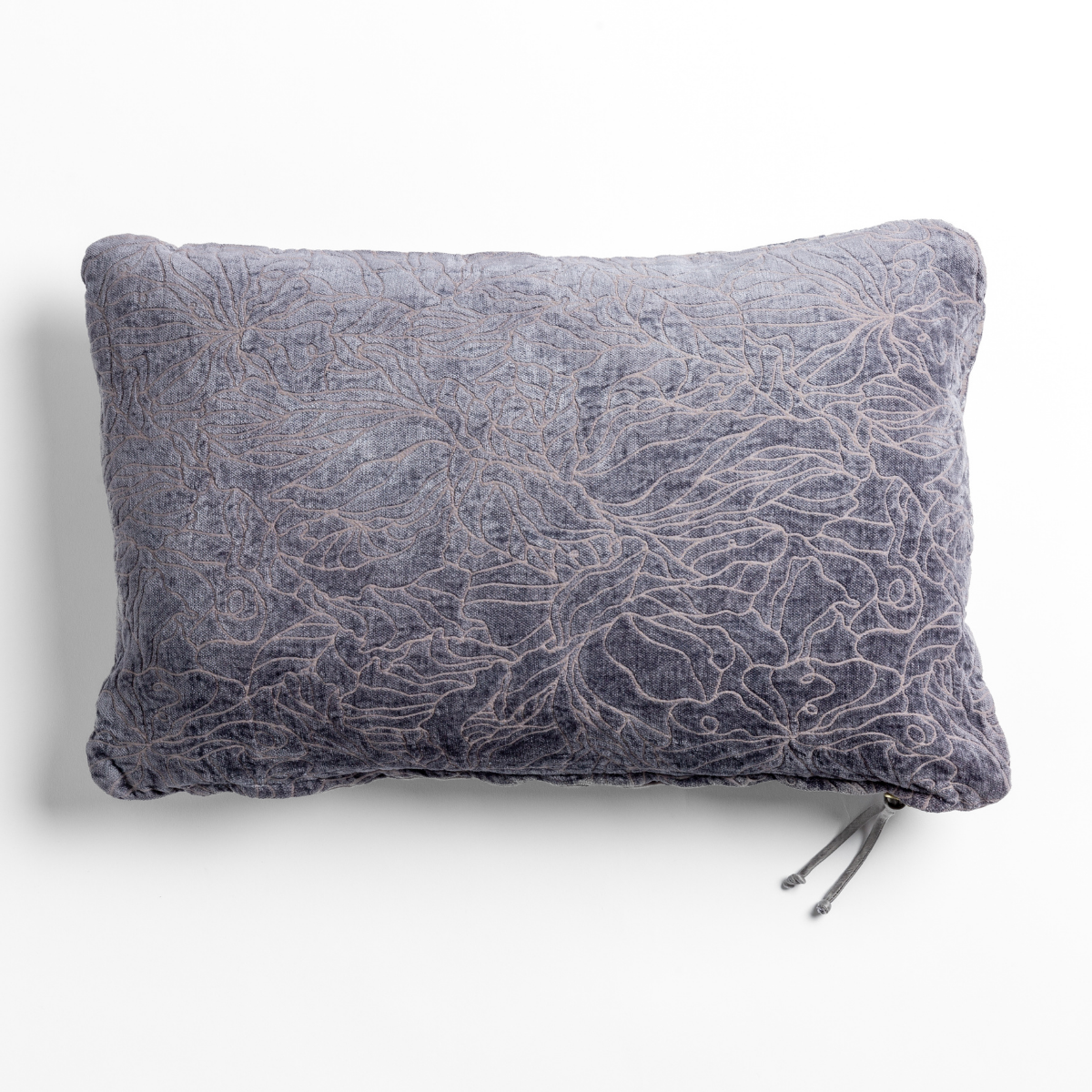 French Lavender: chenille jacquard side of a rectangle throw pillow shown from overhead against a white background.
