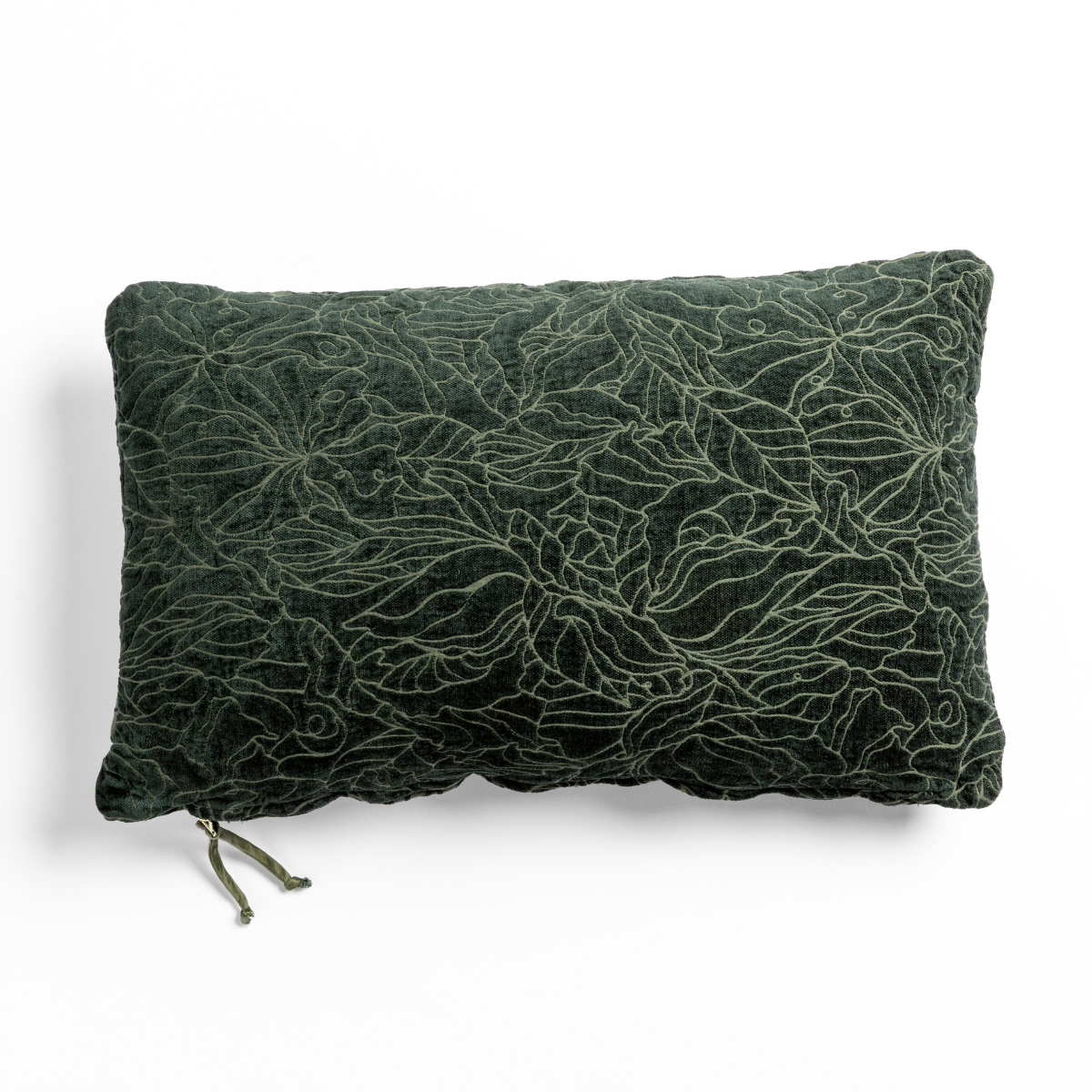 Juniper: chenille jacquard side of a rectangle throw pillow shown from overhead against a white background.