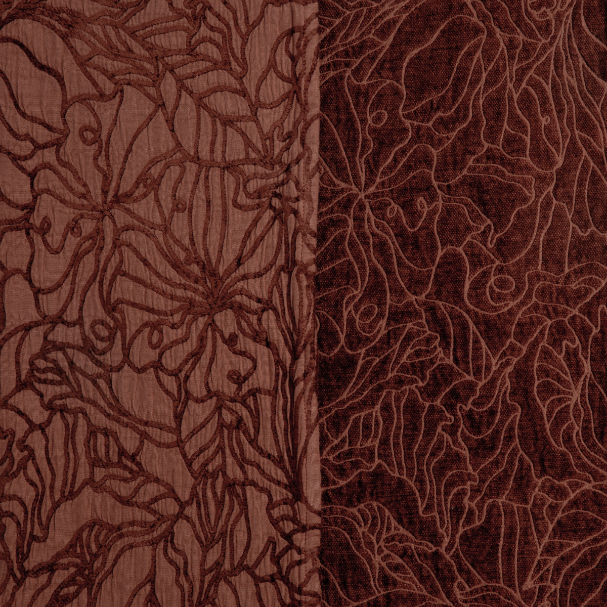 Autumn: georgia fabric shown with the cotton jacquard side on the left and chenille jacquard side on the right in autumn, an earthy pigment akin to terracotta but richer.