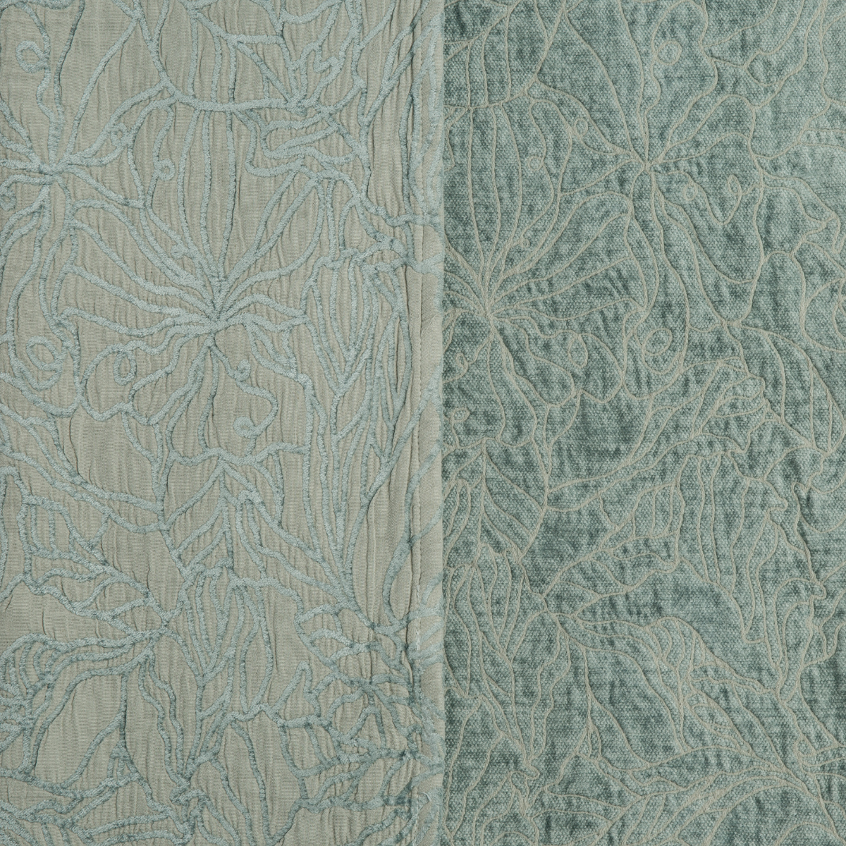 Eucalyptus: georgia fabric shown with the cotton jacquard side on the left and chenille jacquard side on the right in eucalyptus, a soft light green