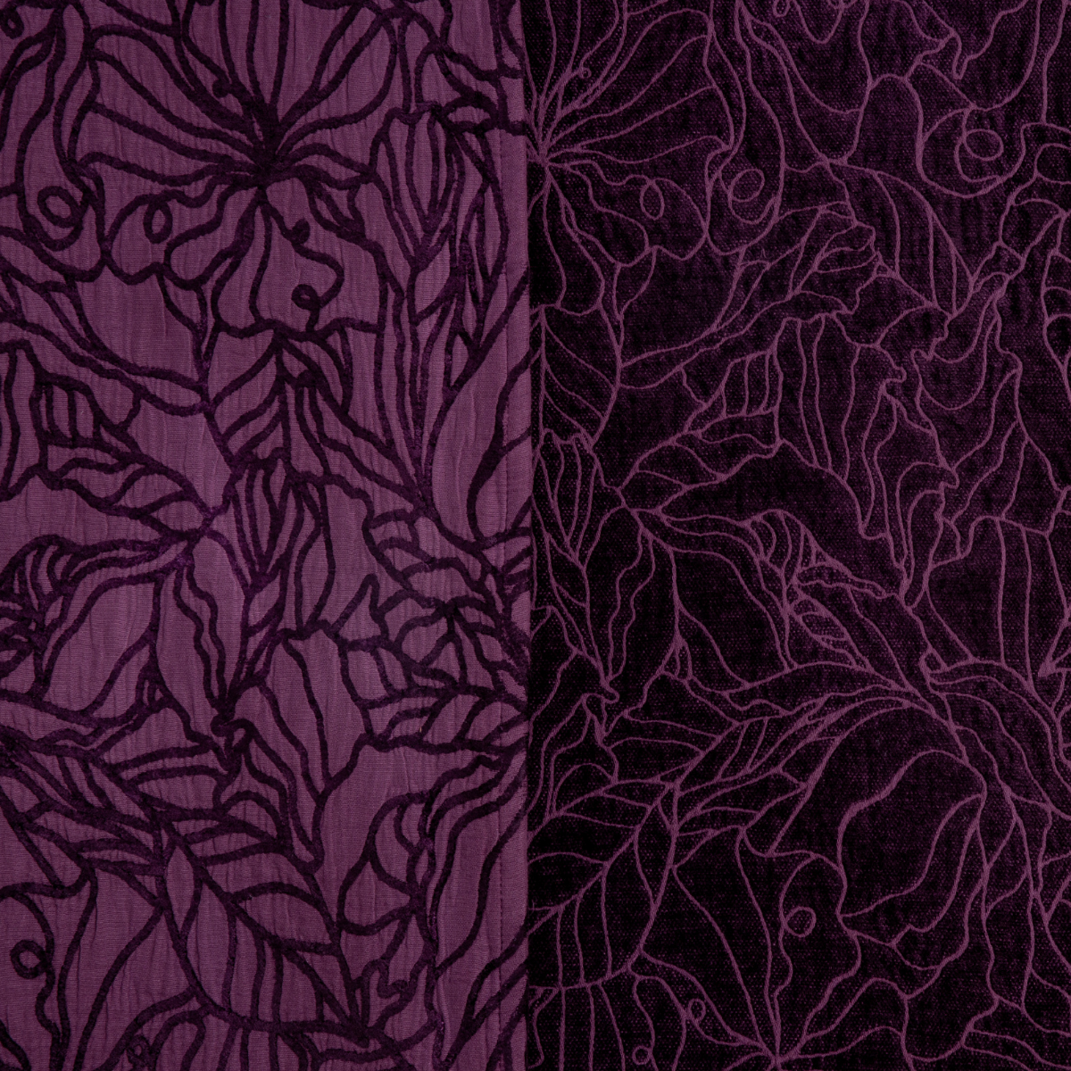 Fig: georgia fabric shown with the cotton jacquard side on the left and chenille jacquard side on the right in fig, a richly saturated purple-garnet.