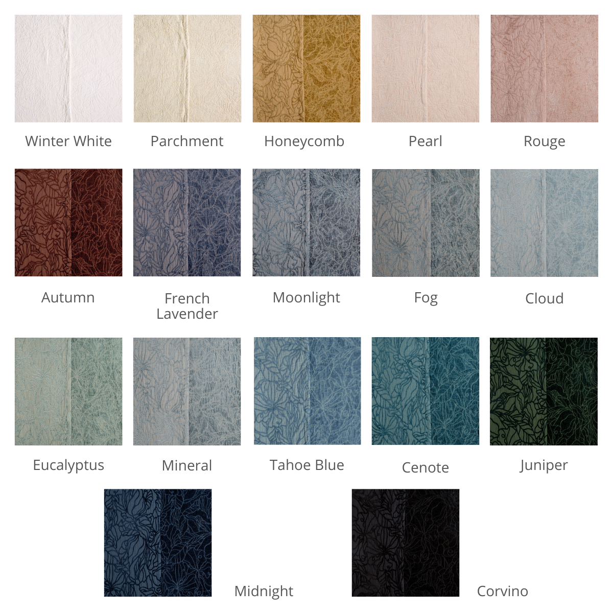 : A grid of Georgia, an elaborate reversible floral arrangement across velvet cotton chenille jacquard fabric shown in our current colorway palette.