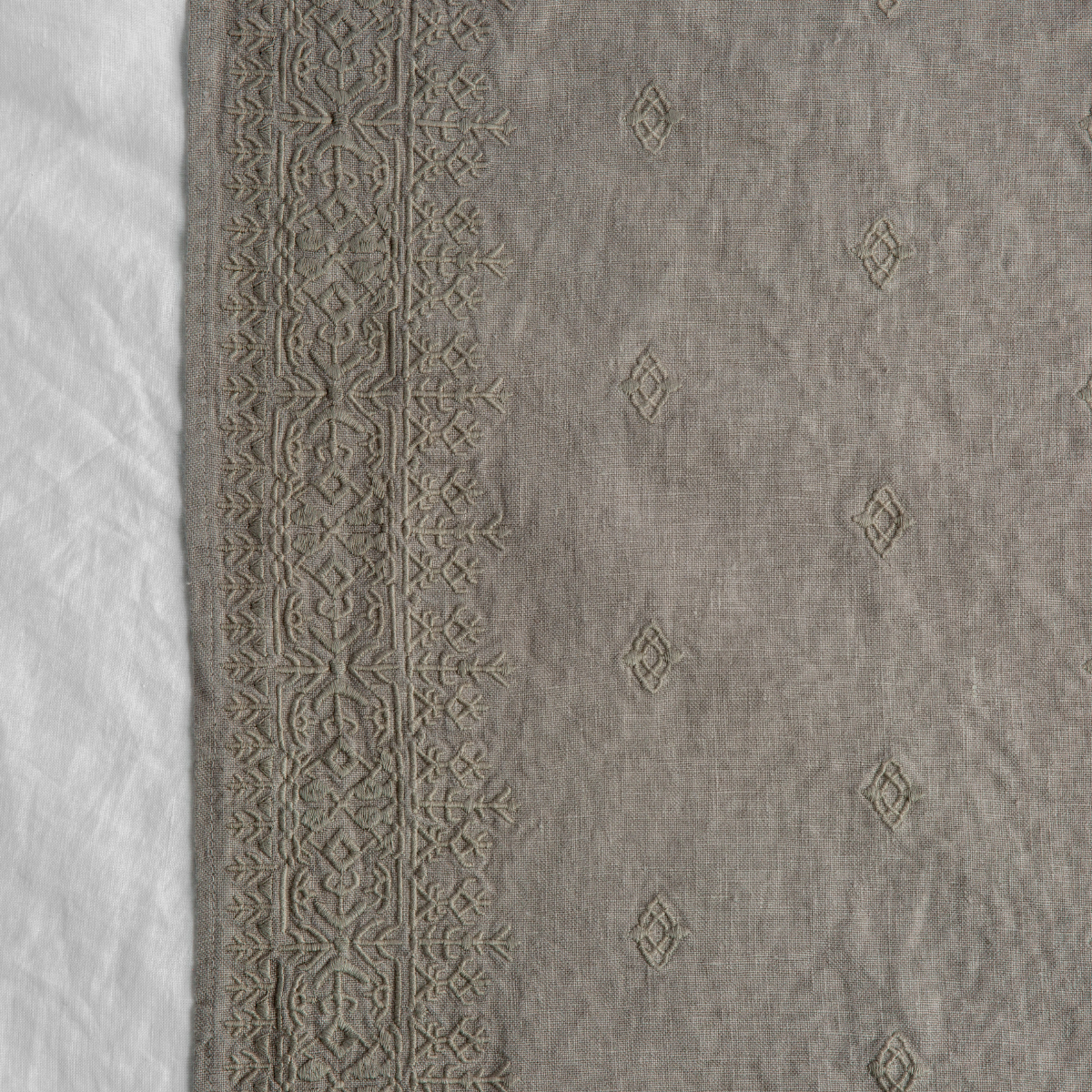 Fog: A close up of Ines, midweight linen with cotton embroidery, in white.