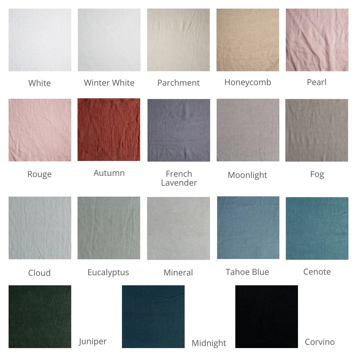 : A close up of linen whisper, our lightweight linen gauze, shown in our Fall 2024 colorway selection, in a grid format to demonstrate our palette.