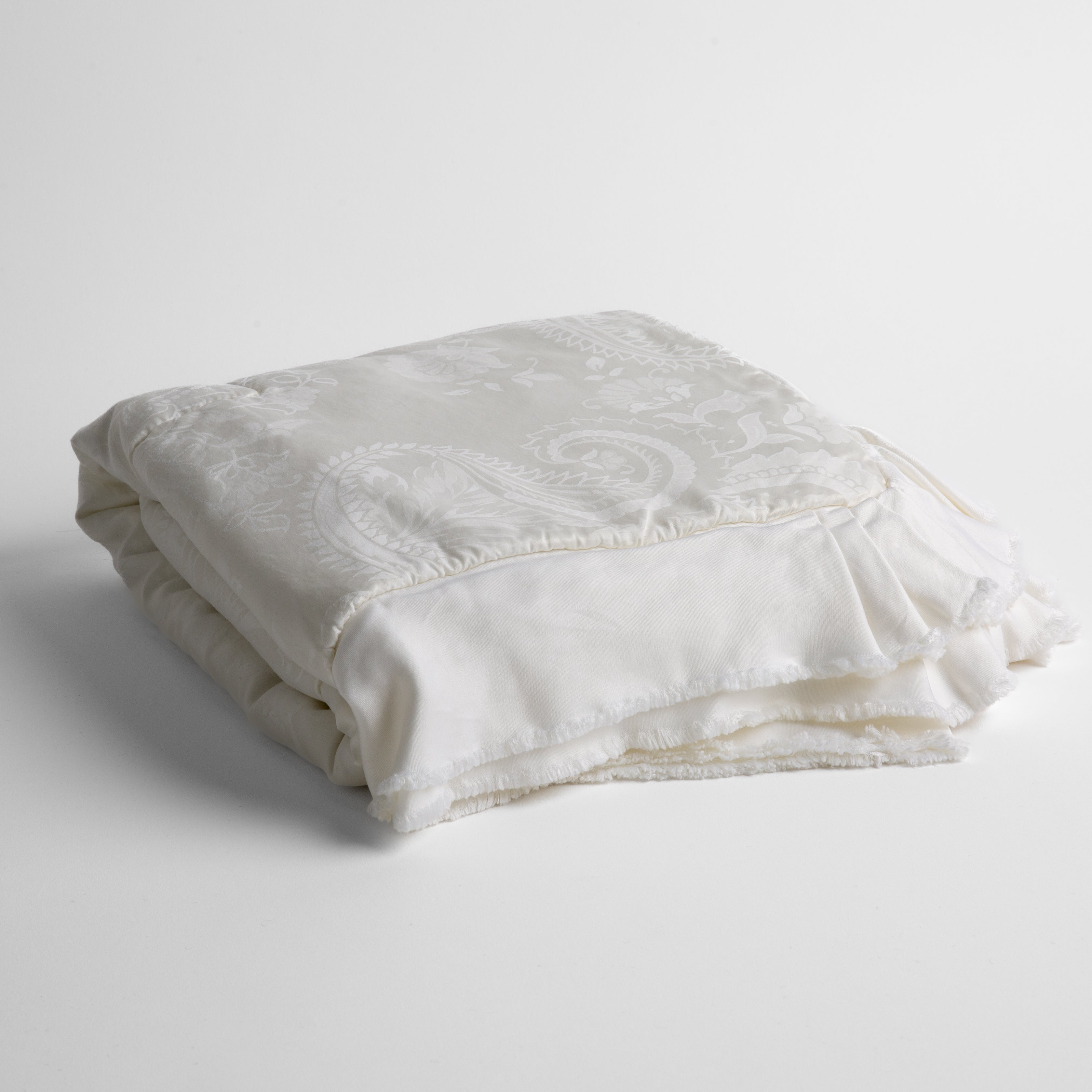 White: silk and tencel™ blend jacquard baby blanket folded and shot from a slight overhead angle to show the trim detail against a white background.