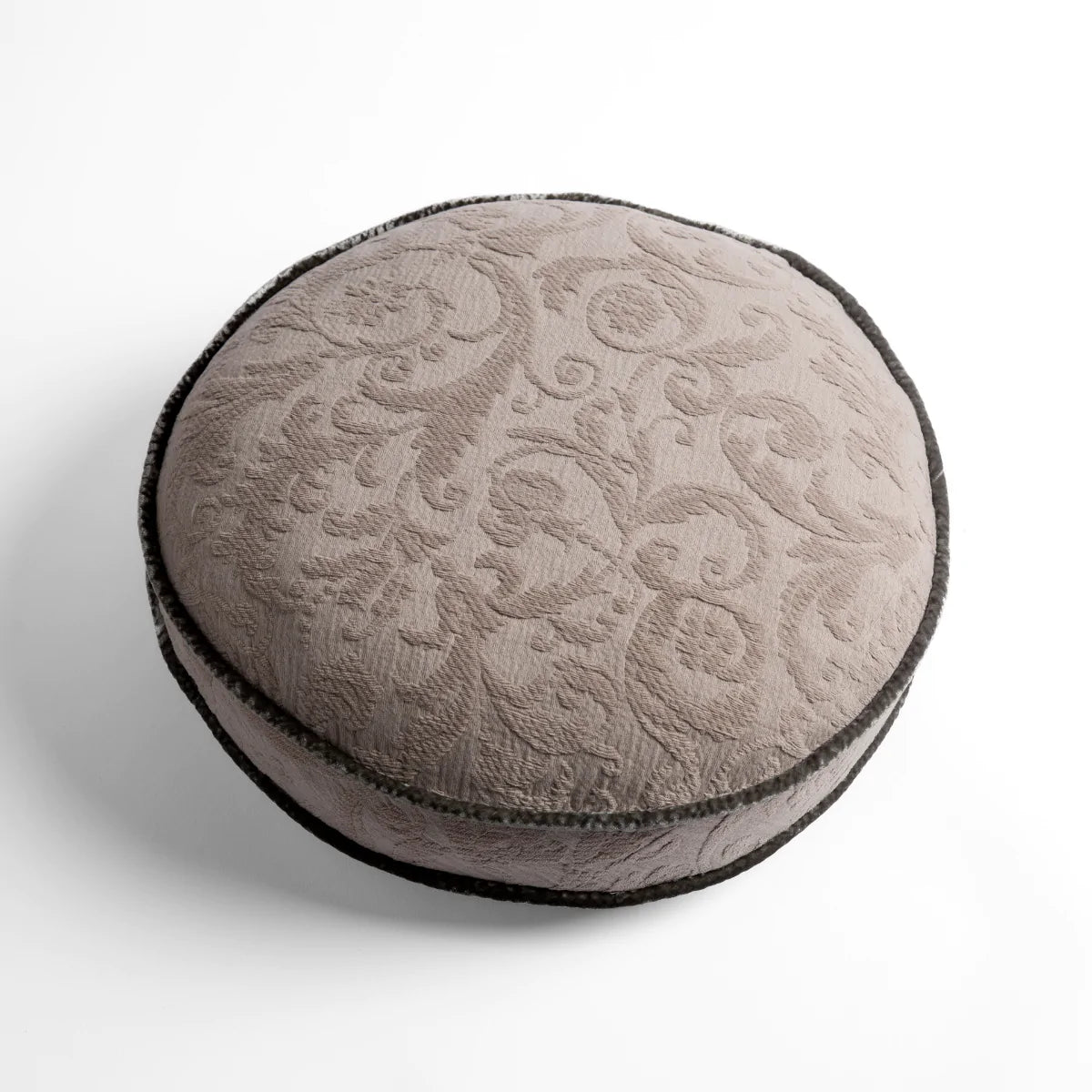 Fog: Organic cotton damask round pillow with silk velvet trim on white background β overhead angle.