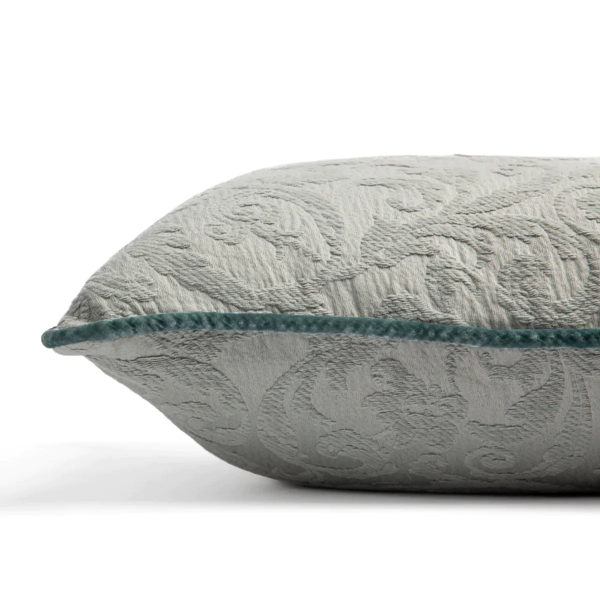 Eucalyptus: Organic cotton damask square pillow with silk velvet trim on white background β side angle.