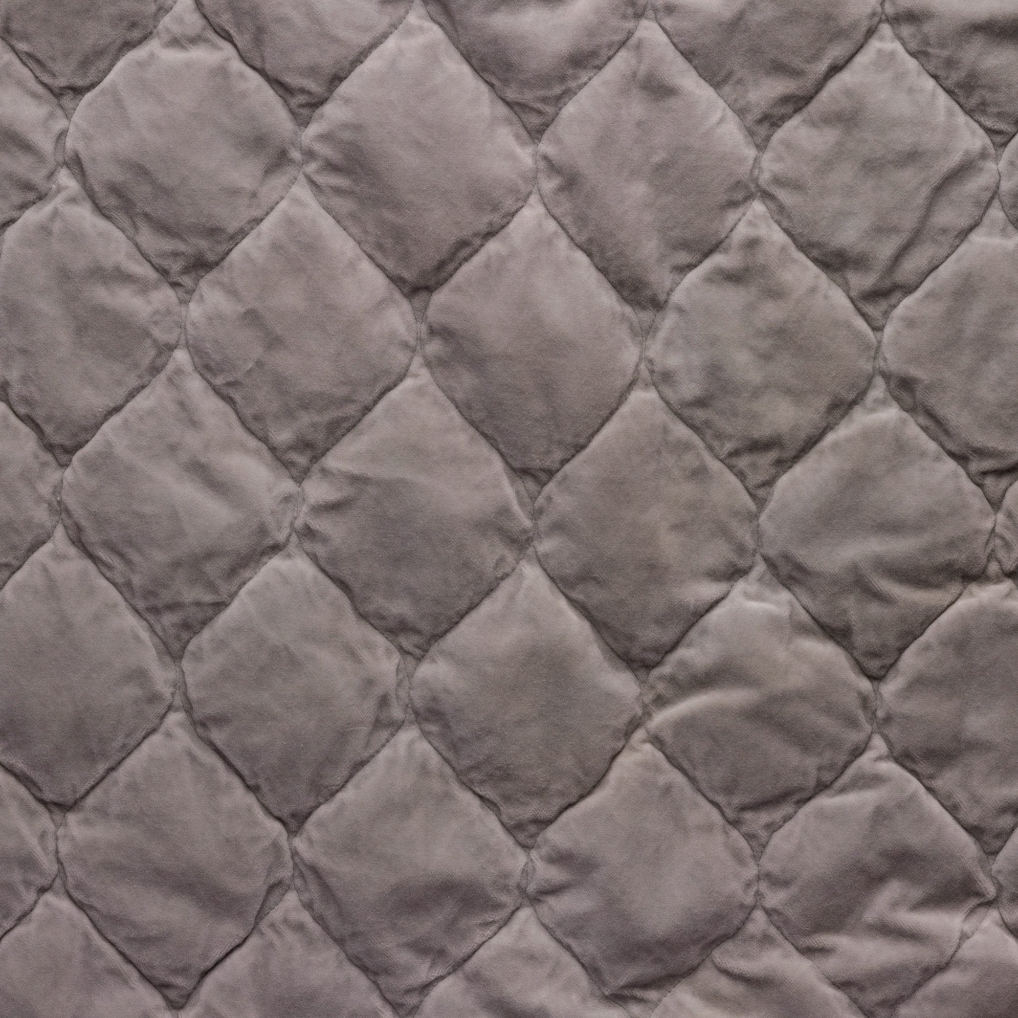 Fog: Close-up of Harlow cotton velvet quilting in fog, a neutral-warm, soft mid-tone grey.