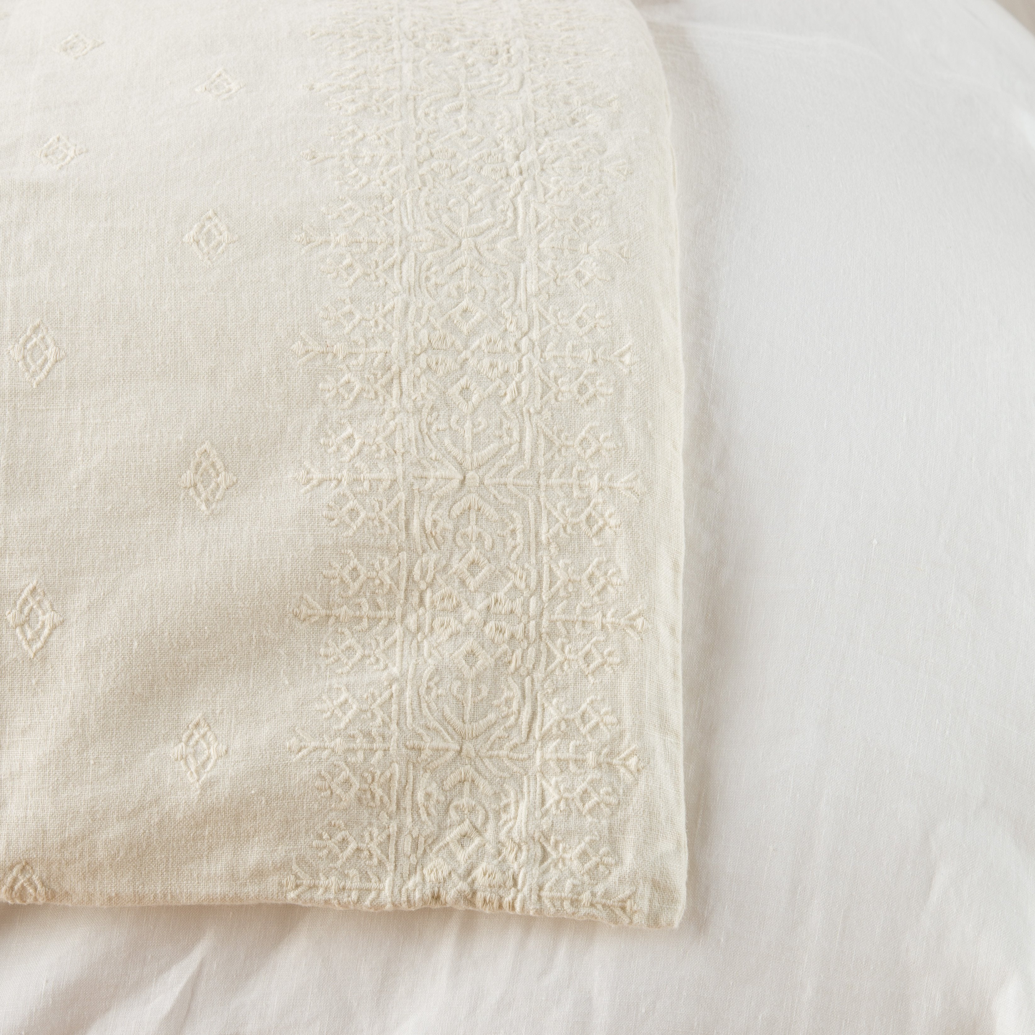 Parchment: Close-up of corner against a white background, showcasing embroidery pattern detail - overhead view.