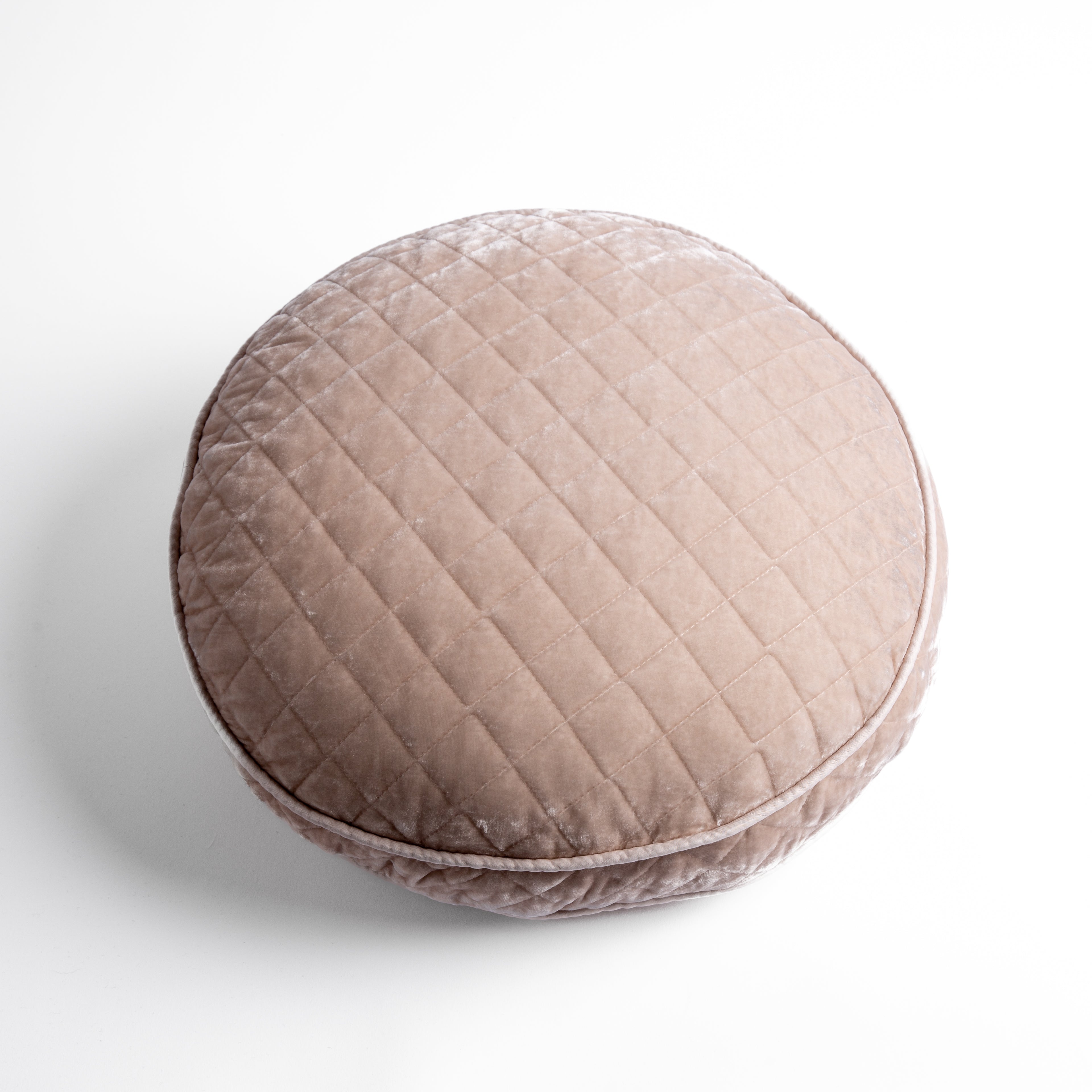 Pearl: overhead at a slight angle against a white background, the face and gusset of the pillow are visible.
