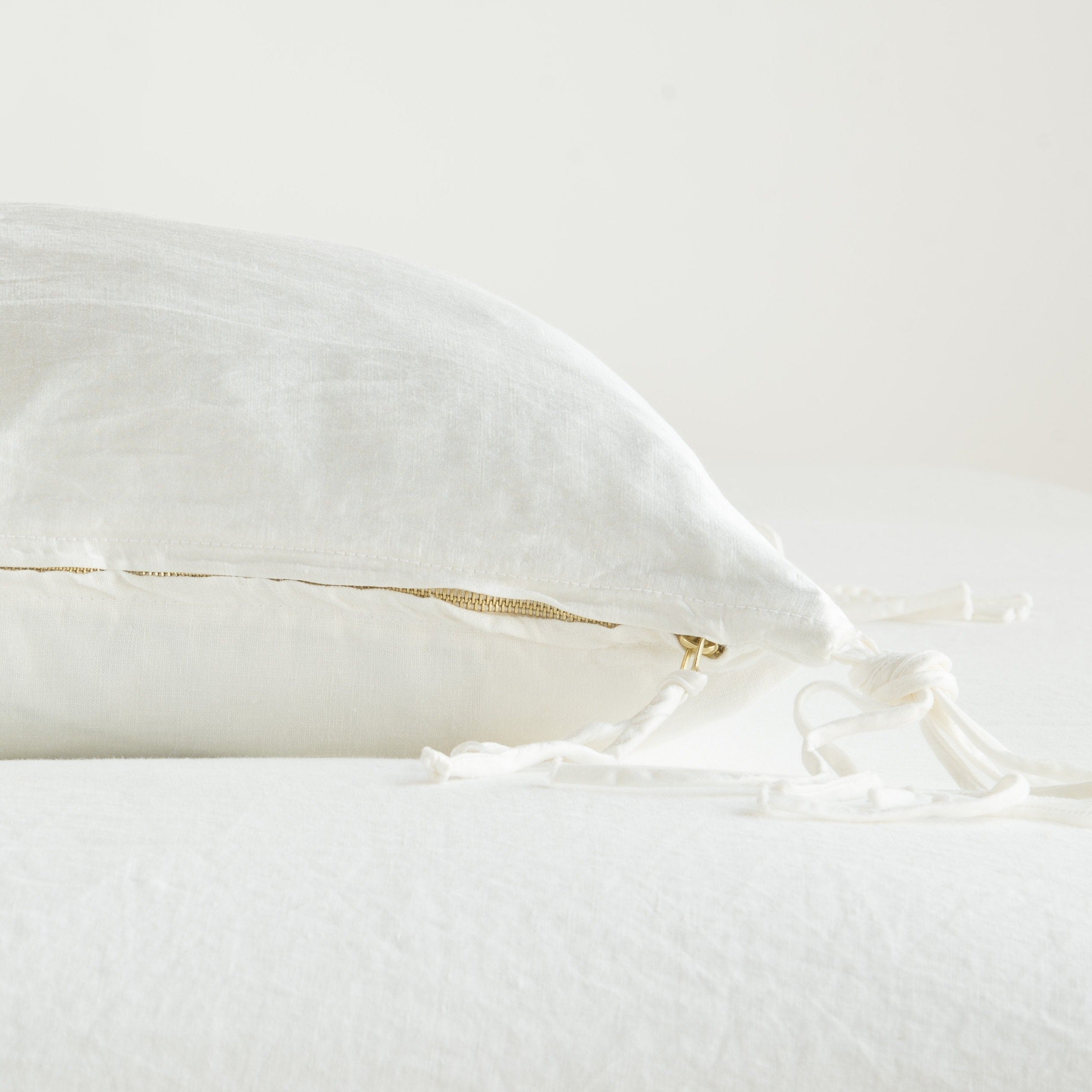 Winter White: Close-up side vew featuring brass zipper with charmeuse pull and linen back.