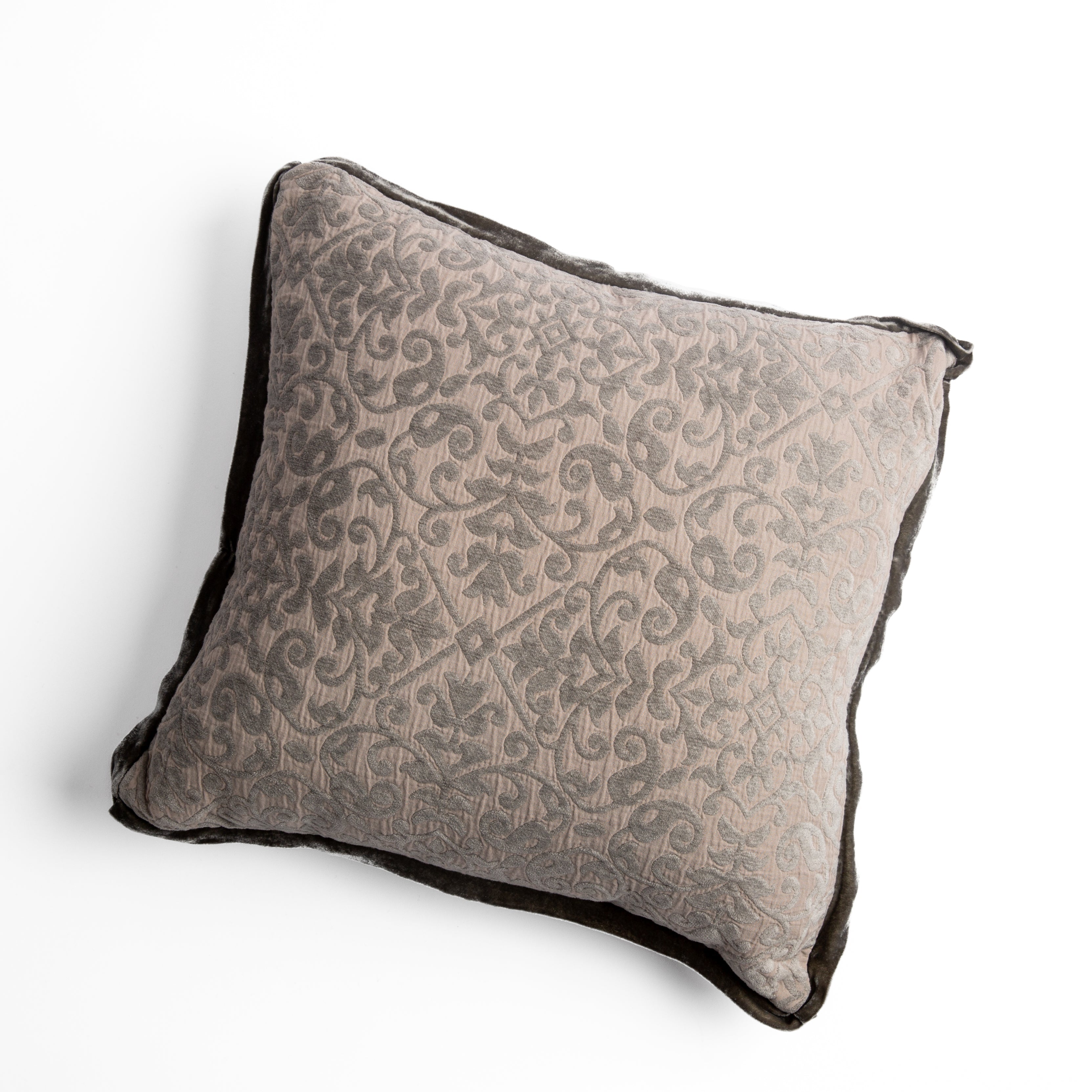 Fog: cotton chenille jacquard 18x18 pillow shown from overhead to display the pillow's face and silk velvet trim β overhead against a white background.