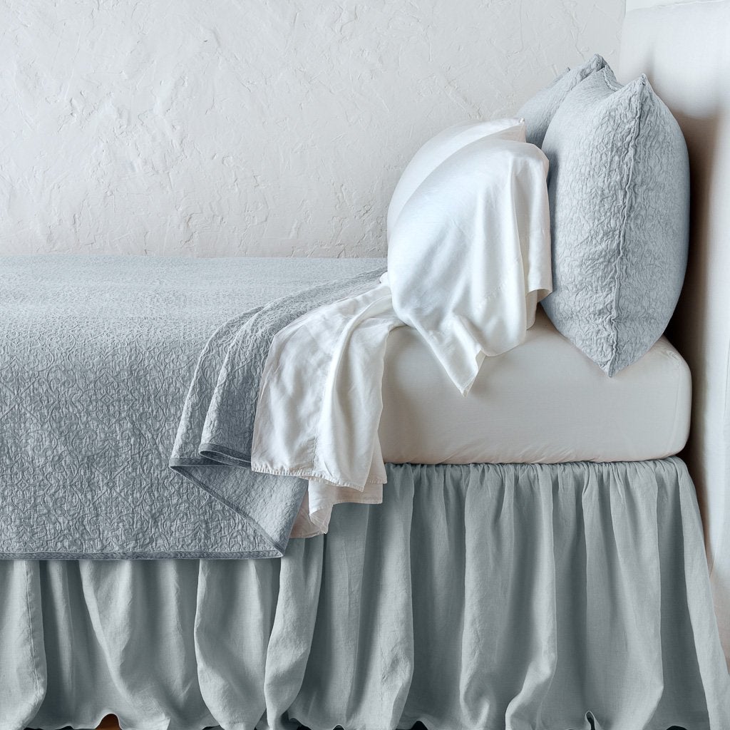 : Vienna coverlet and matching sham over white sheeting - cloud, side view.