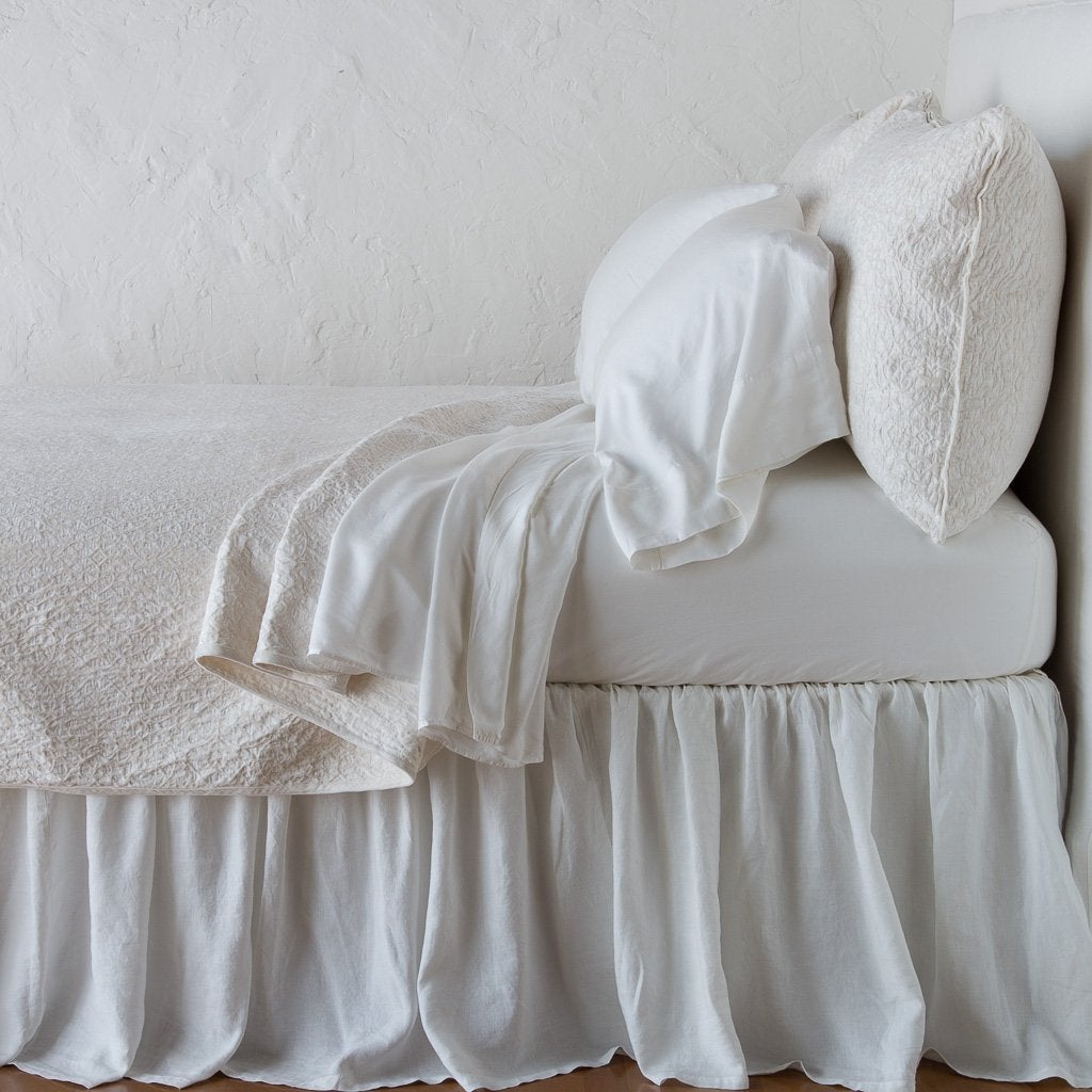 Winter White: Cotton chenille jacquard coverlet and matching sham over white sheeting - side view.