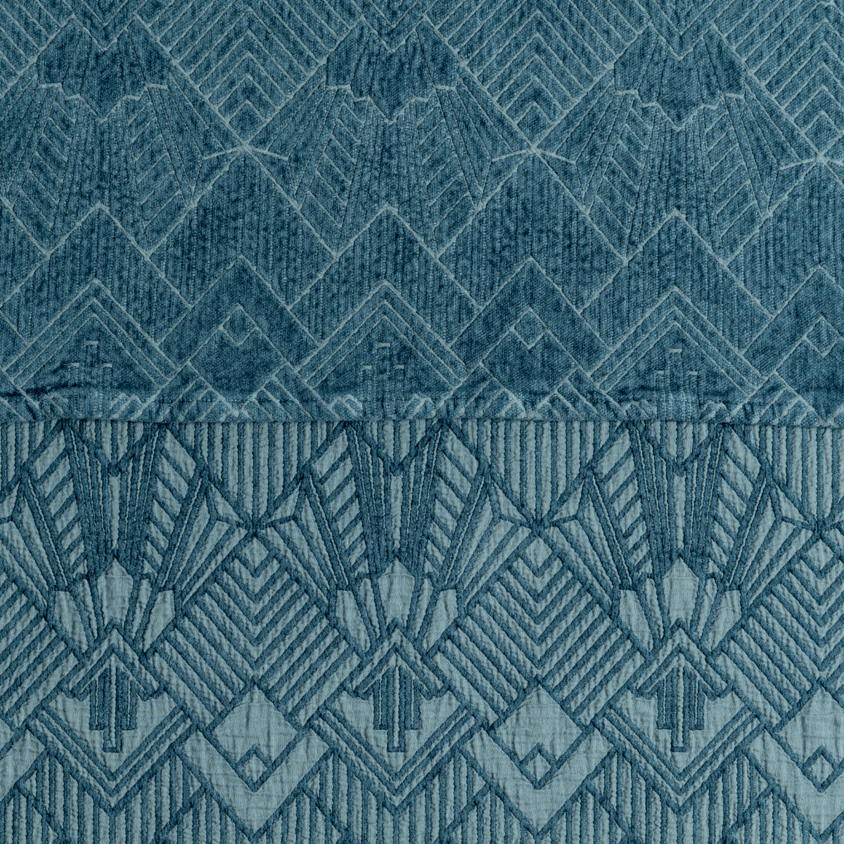 Cenote: a close-up showing the chenille jacquard on the top half and cotton jacquard on the bottom in cenote, a teal-like jewel tone.