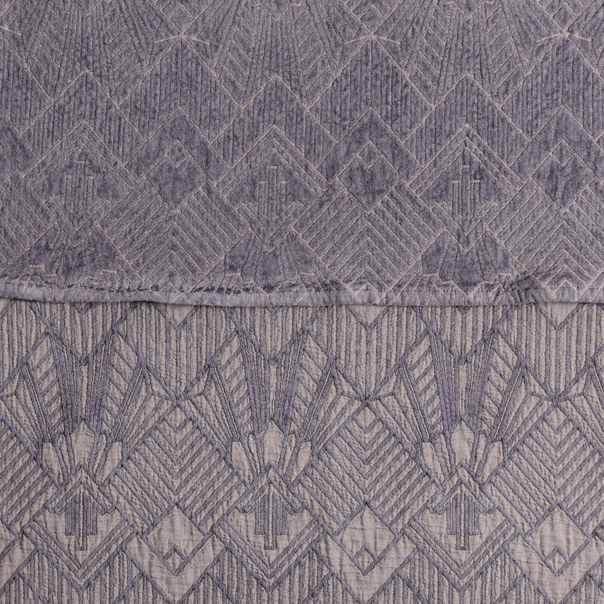 French Lavender: a close-up showing the chenille jacquard on the top half and cotton jacquard on the bottom in french lavender, a dusty pale purple.