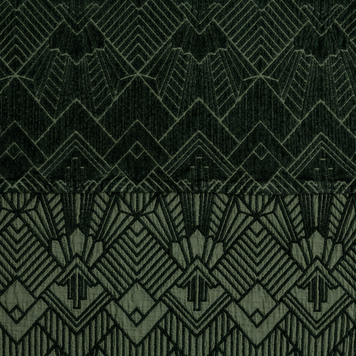 Juniper: a close-up showing the chenille jacquard on the top half and cotton jacquard on the bottom in juniper, a rich green.