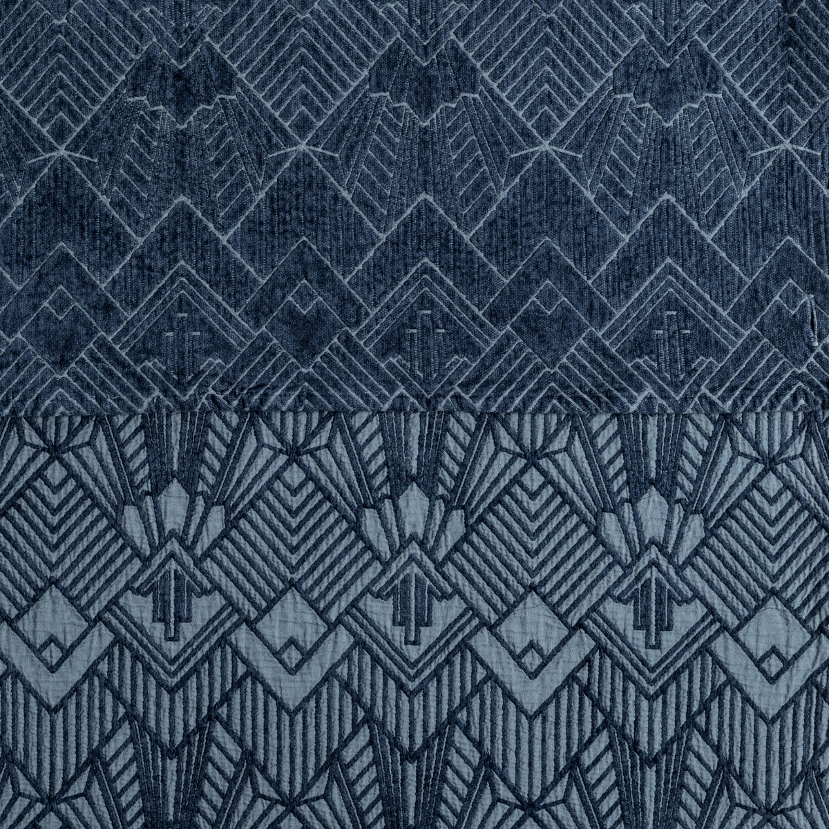 Midnight: a close-up showing the chenille jacquard on the top half and cotton jacquard on the bottom in midnight, a dark blue.