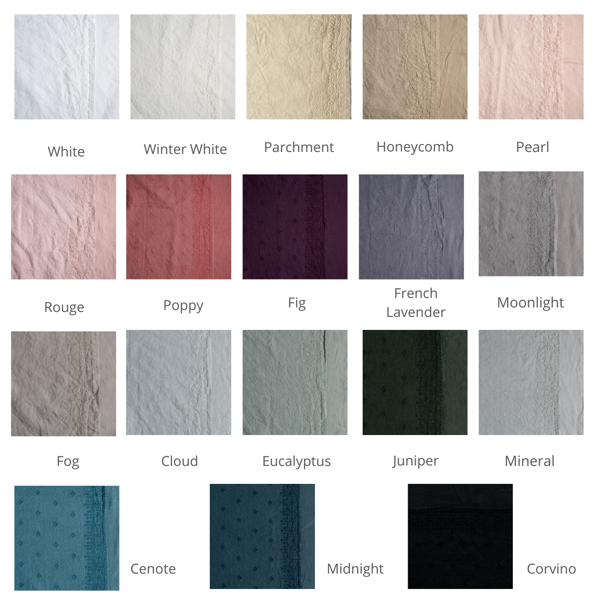 : a grid of embroidered midweight linen in available colorways.
