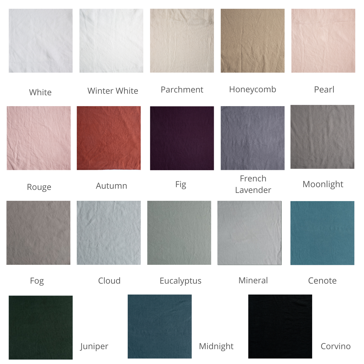 :  A close up of linen in shown in each of our Fall 2024 colorways, in a grid format to demonstrate our palette.