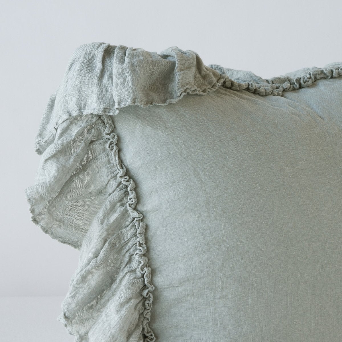 Eucalyptus: Corner detail close-up showcasing slight translucence of ruffle trim detail.
