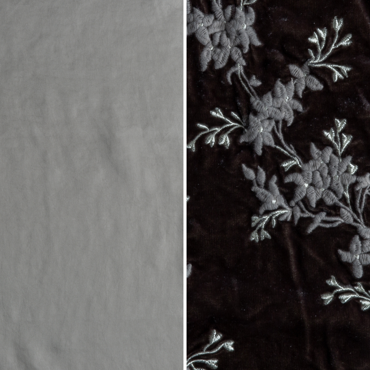Moonlight: an image of tencel and embroidered silk velvet side-by-side in moonlight, a cool grey tone.