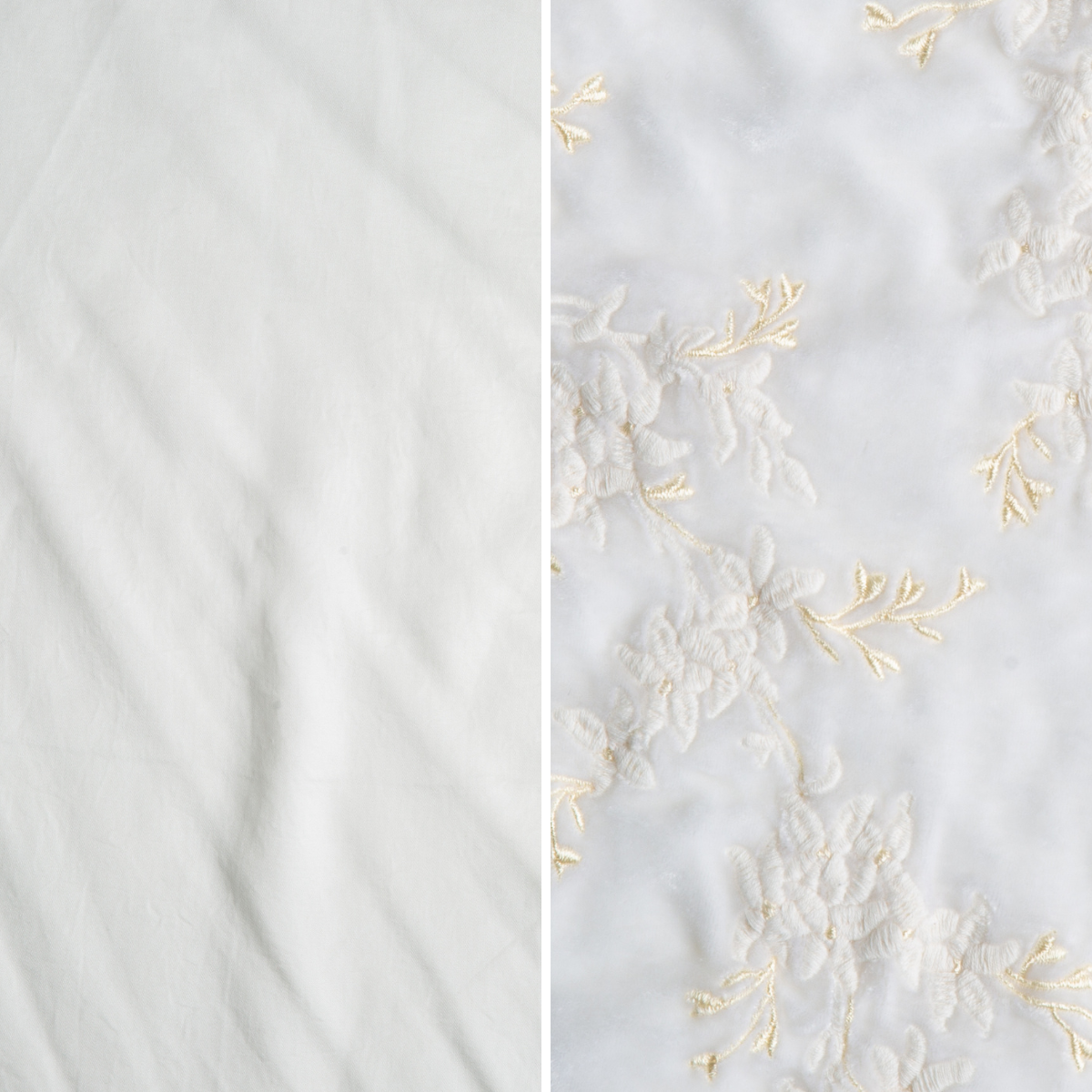 Winter White: an image of tencel and embroidered silk velvet side-by-side in winter white, a warmer version of our classic white. 