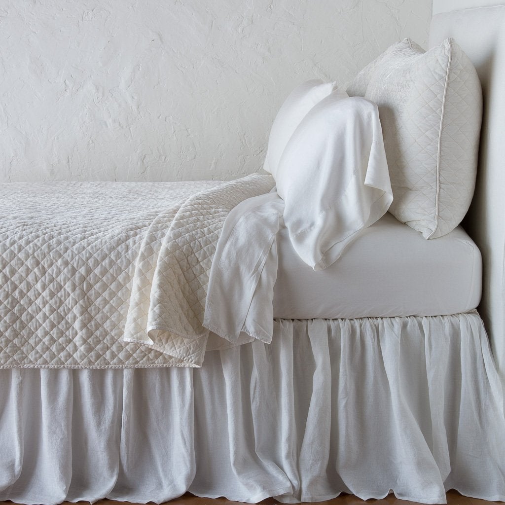 Winter White: shams with matching coverlet and white sheeting - side view.