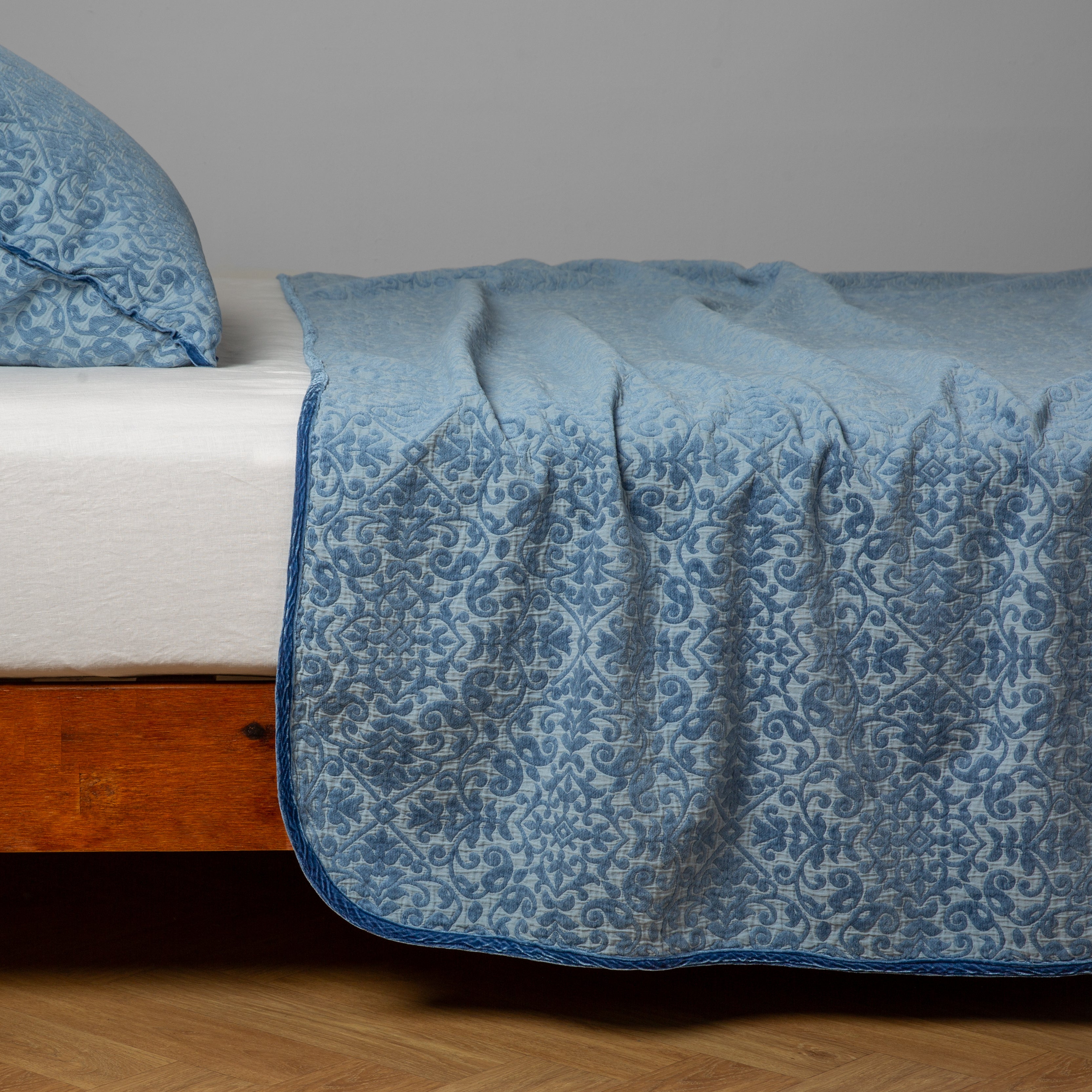 Tahoe Blue: cotton chenille coverlet with matching sham - side view. 
