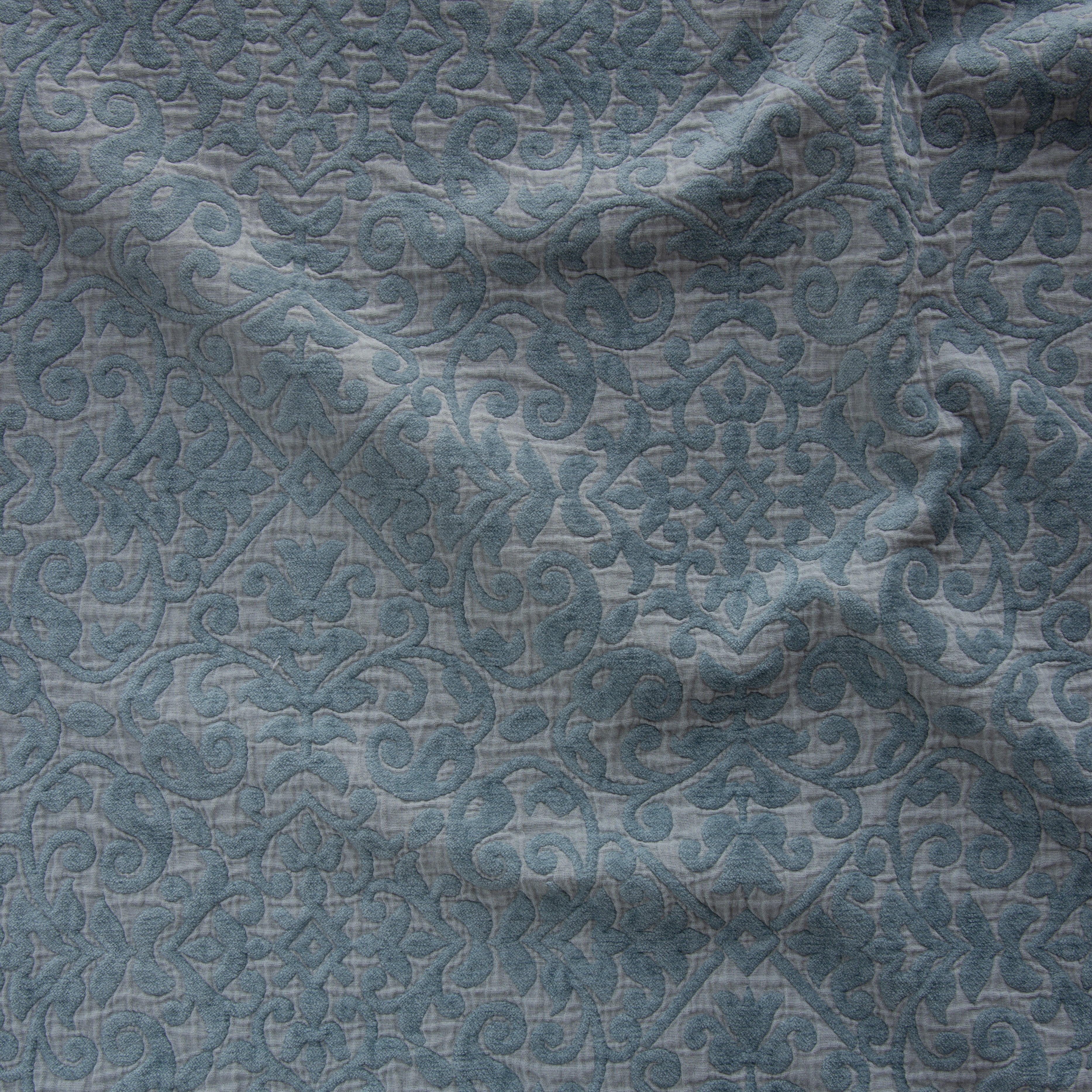 Mineral: A close up of Vienna cotton chenille jacquard in mineral, a soothing seafoam blue with subtle grey-green undertones. 
