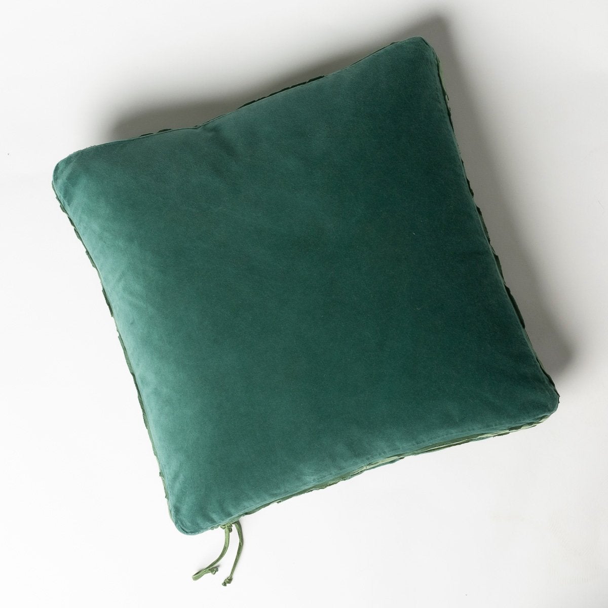 Jade: Cotton velvet 24 by 24 pillow on a plain background - overhead view.