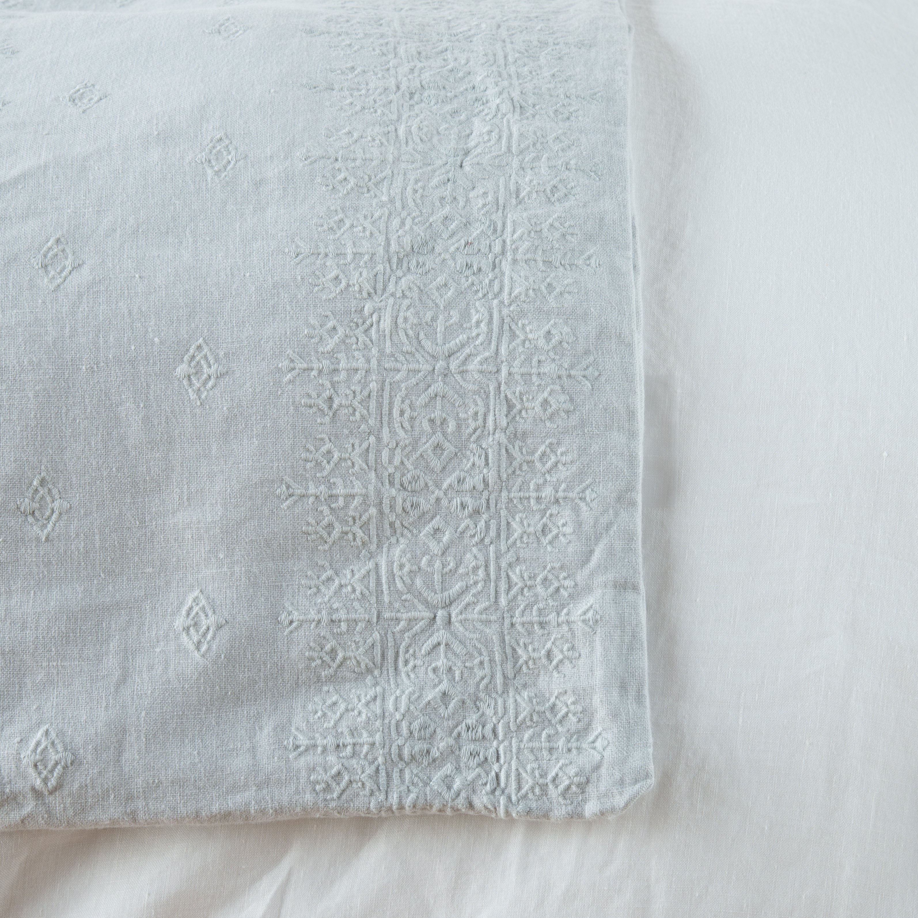 Cloud: Close-up of corner against a white background, showcasing embroidery pattern detail - overhead view.