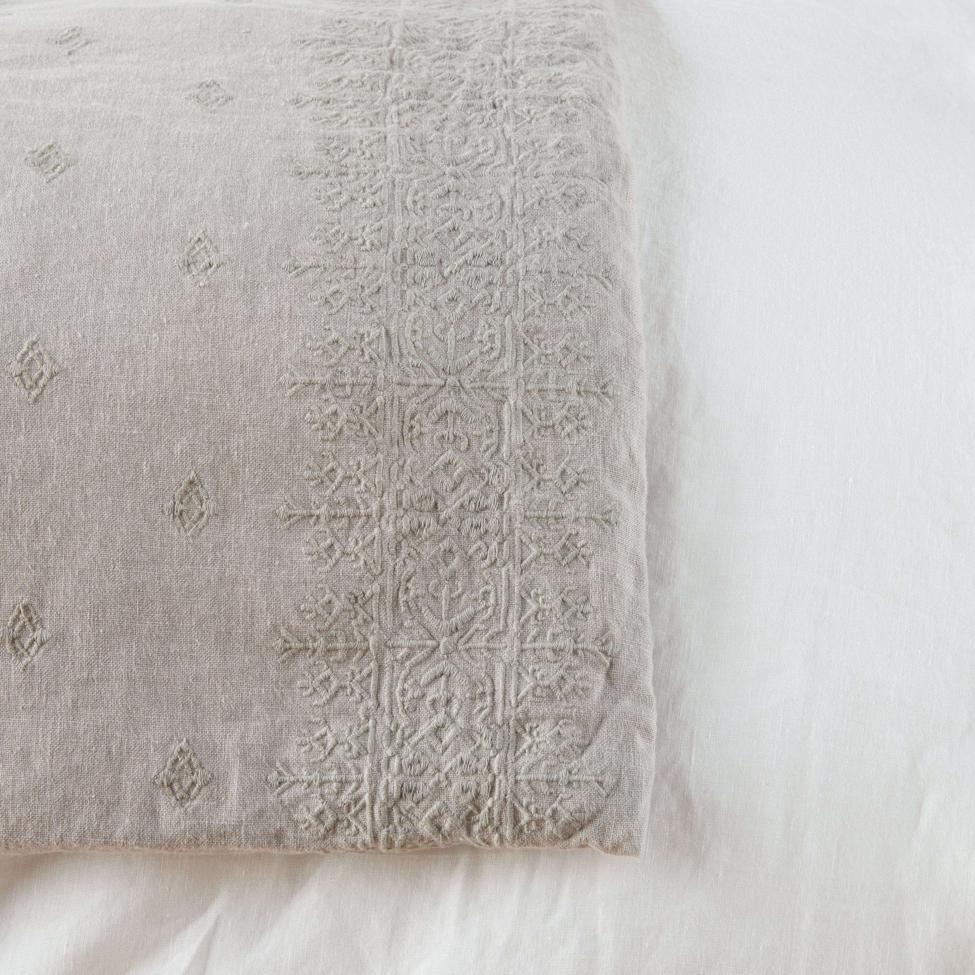 Fog: Close-up of corner against a white background, showcasing embroidery pattern detail - overhead view.