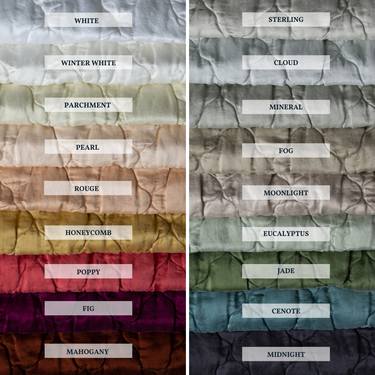 : Close-up of Luna silk charmeuse quilting, shown in each of our 18 colorways, stacked to demonstrate our palette.