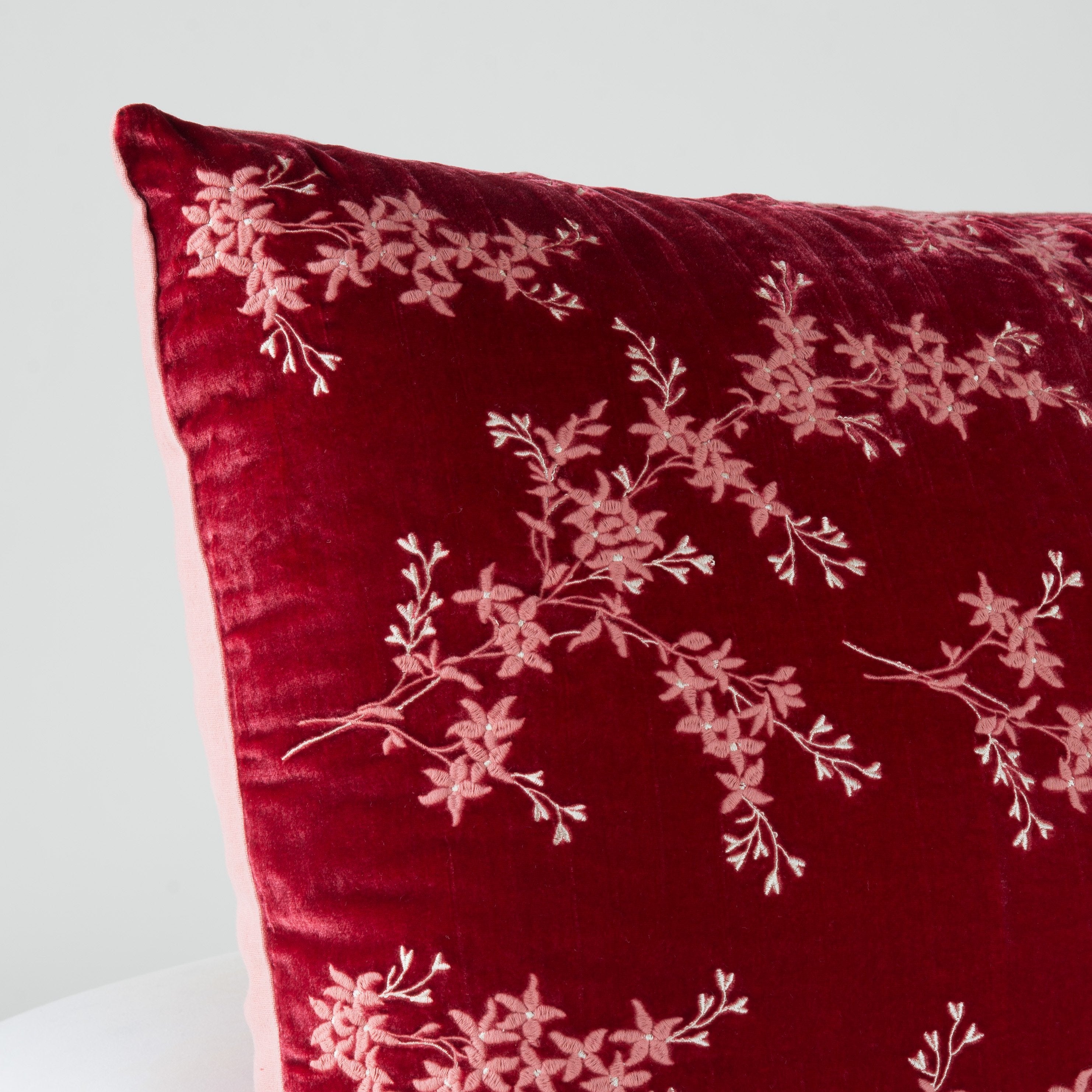 Poppy: Corner detail close-up, highlighting two-tone embroidery and linen back.