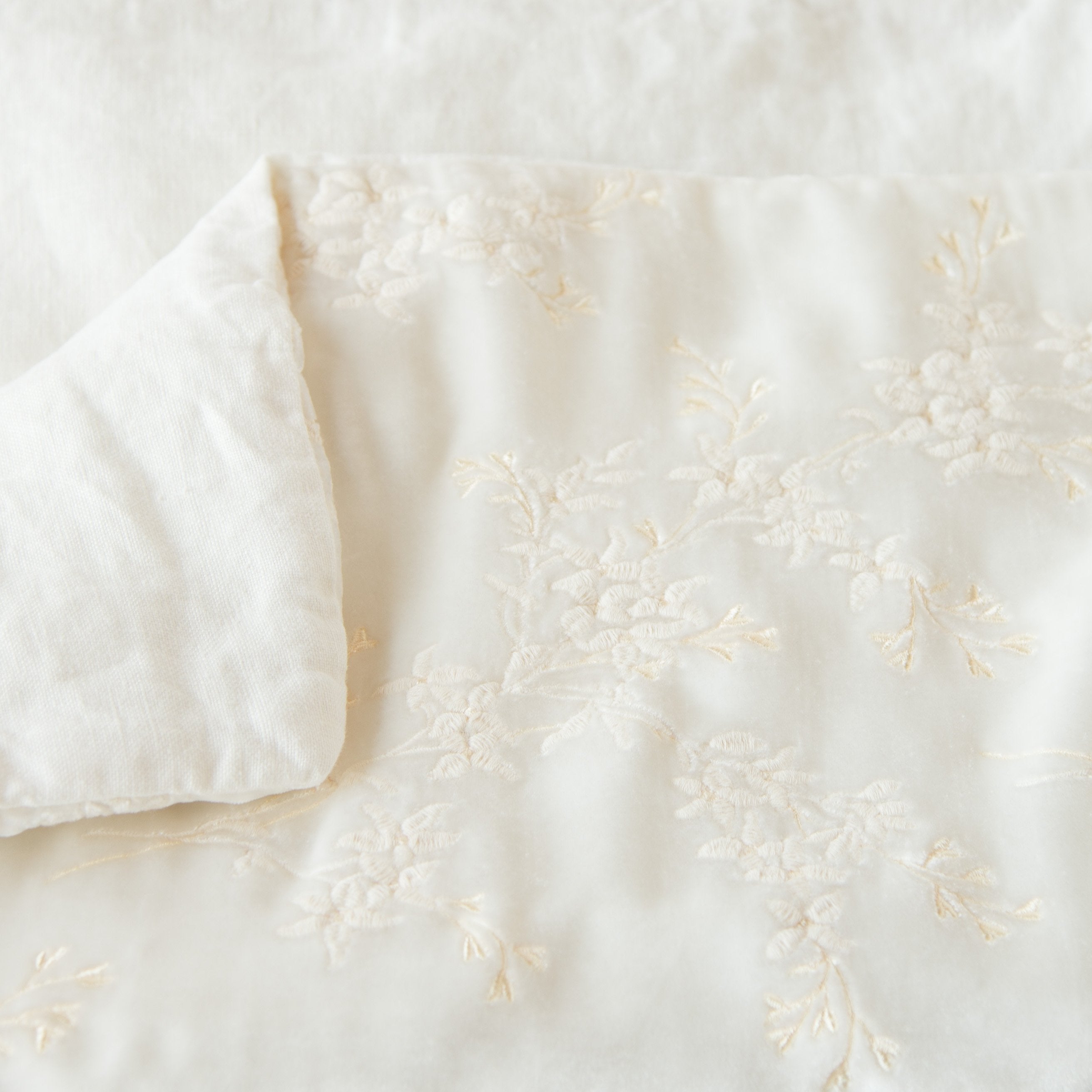 Winter White: Close up of blanket, with a corner turned back to showcase the linen back - overhead view.
