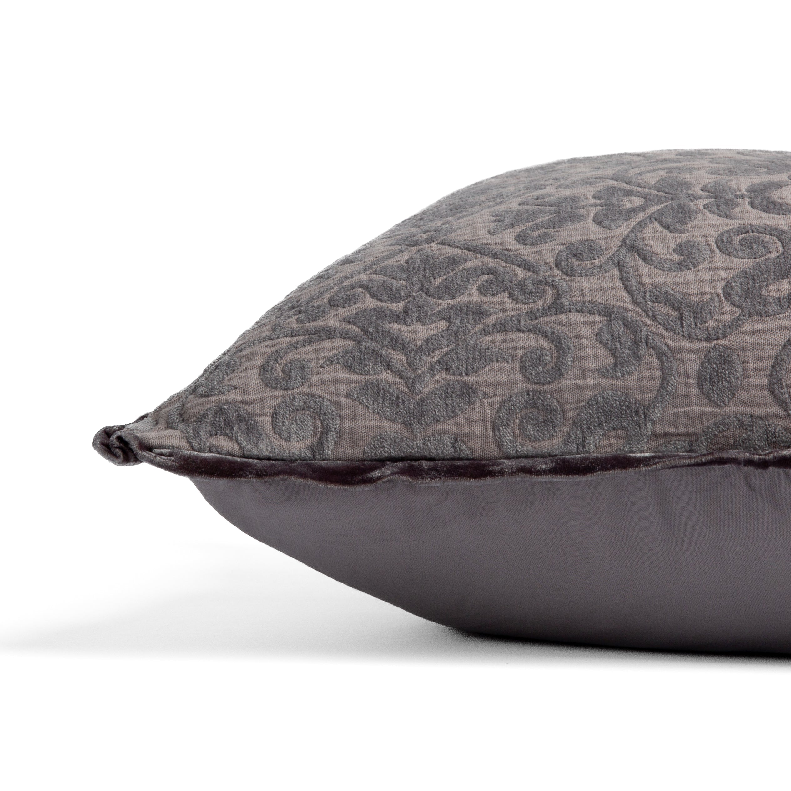 Moonlight: side view of 18x18 pillow shows cotton sateen back and silk velvet trim detail — close up against a white background. 